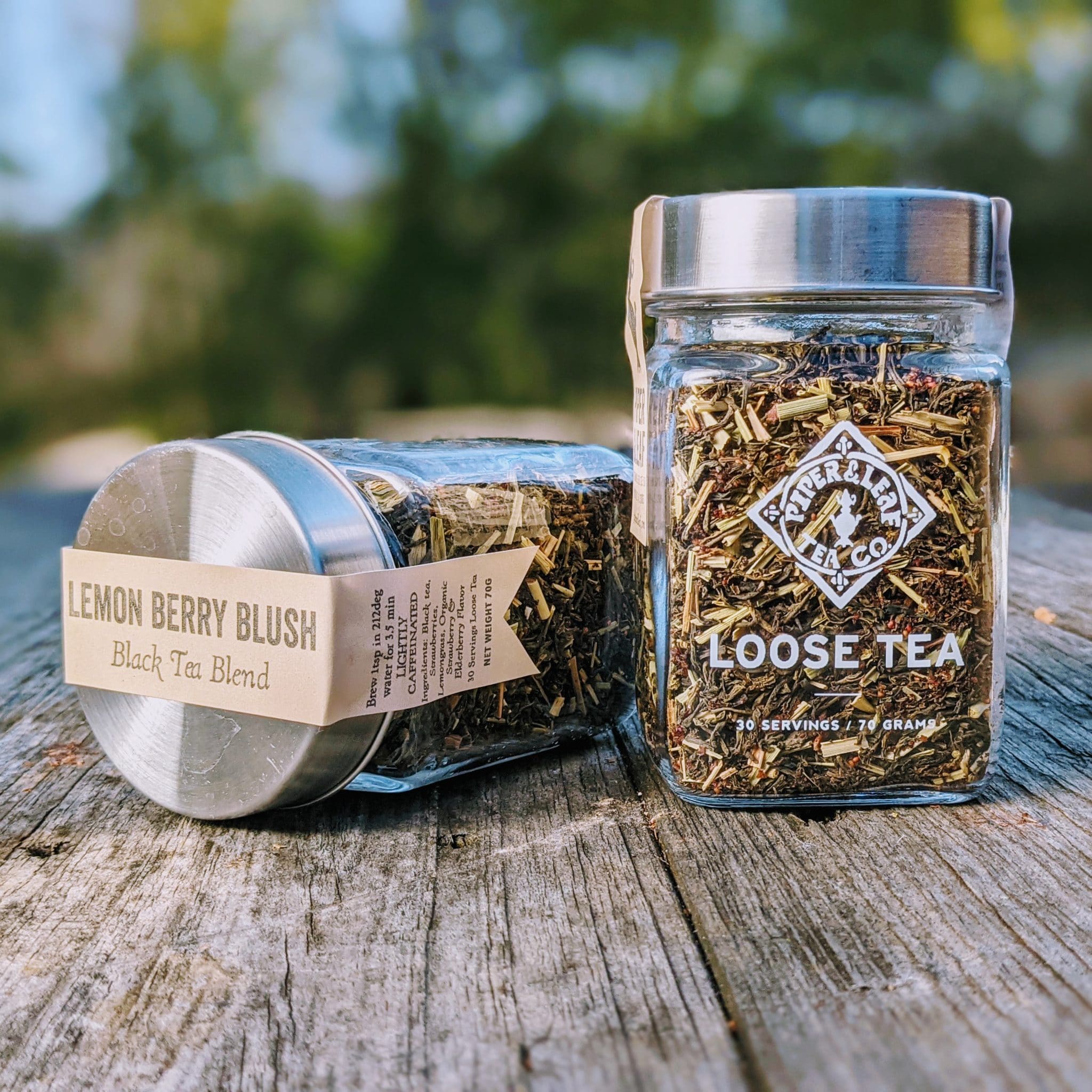 Piper and Leaf Lemon Berry Blush Glass Jar of Loose Leaf Tea - 30 Servings in a sealed glass jar, showing vibrant tea blend.