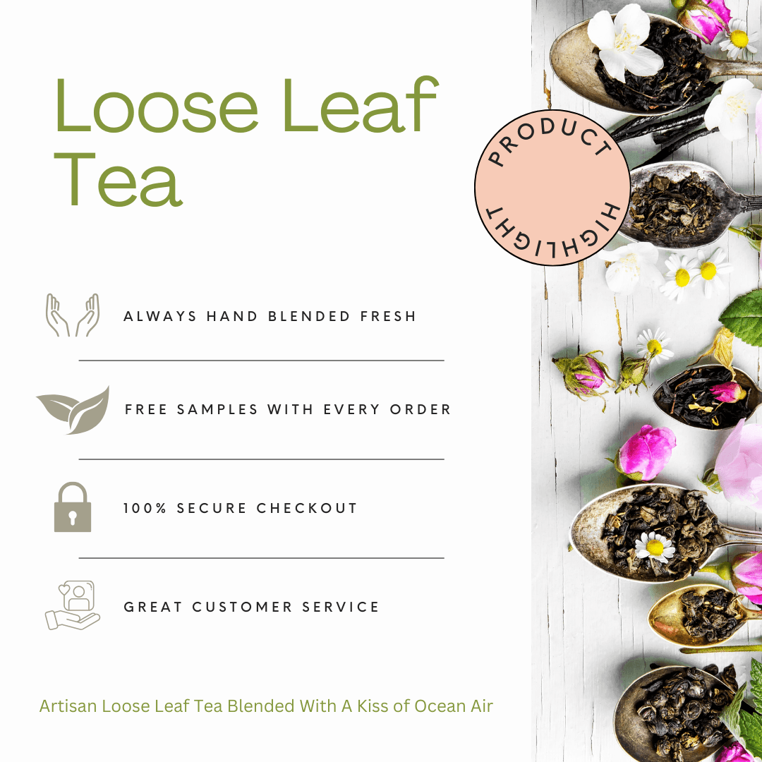 Beach House Ruby Beach loose leaf tea displayed in a clear packaging. Image shows product details prominently.