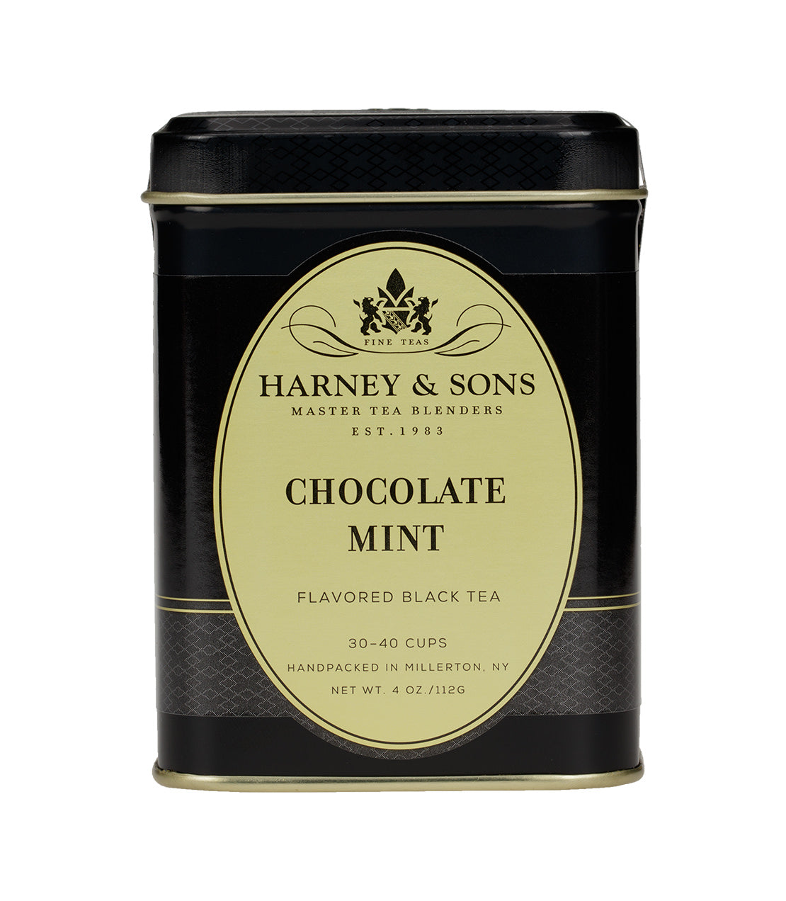 Harney & Sons Chocolate Mint loose tea in a 4 oz package, featuring a green and brown blend of chocolate mint leaves.