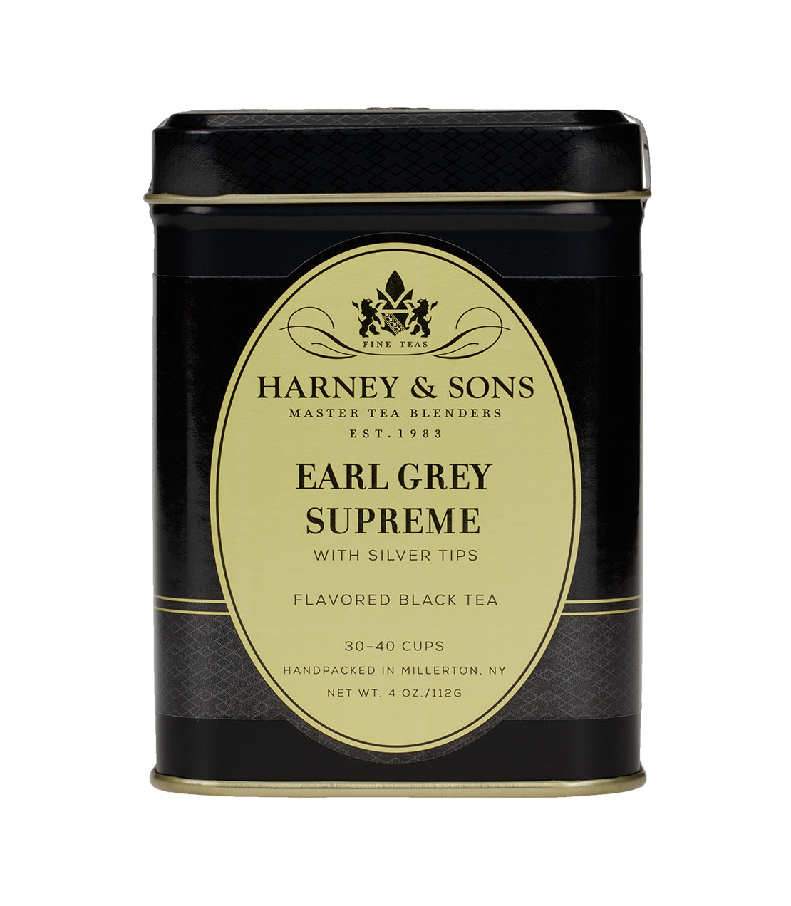 Loose leaf Harney & Sons Earl Grey Supreme tea, 4 oz package, with grey and black tea leaves and bergamot flavoring.