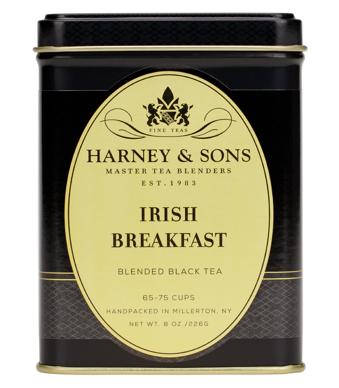 Harney & Sons Irish Breakfast loose tea in an 8 oz package, featuring the brand's logo and product details.