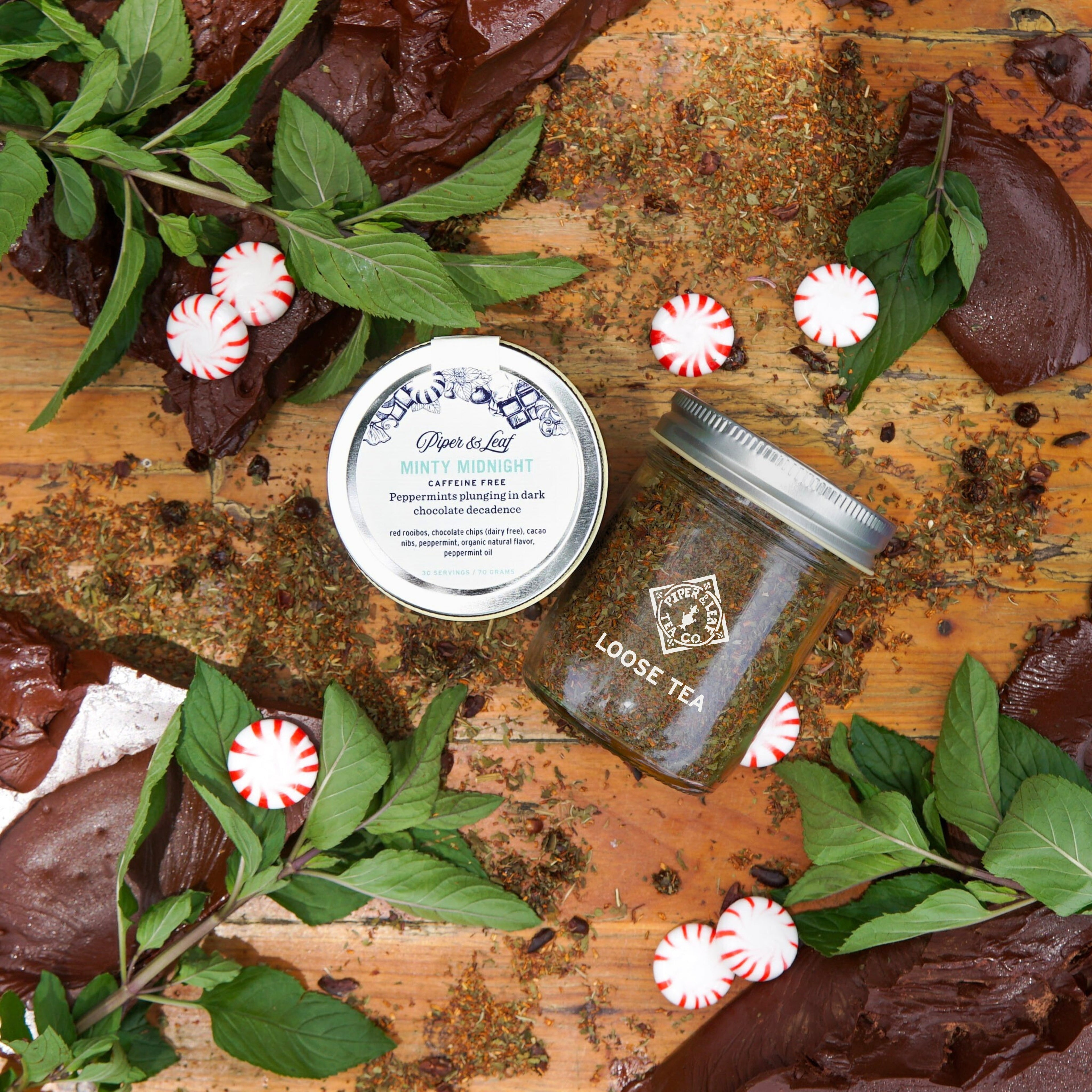 Piper and Leaf Minty Midnight Glass Jar of Loose Leaf - 30 Servings, showing a clear jar filled with loose leaf tea.