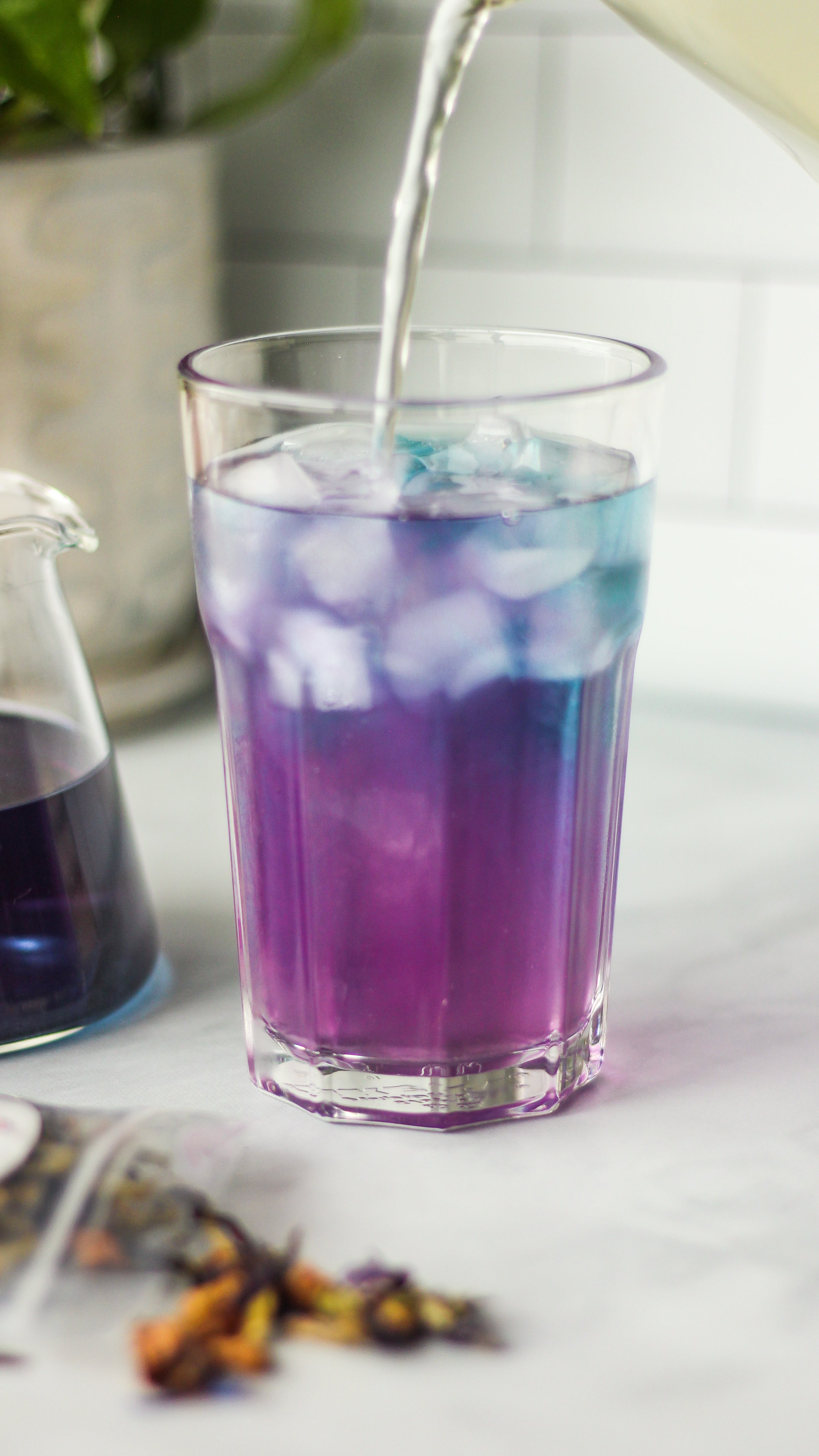Plum Deluxe Butterfly Pea Sampler Kit with brewed butterfly pea tea in a cup, showcasing vibrant blue color.