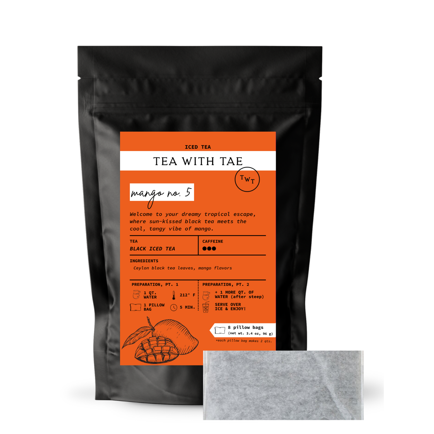 Tea with Tae Mango No. 5 Iced Black Tea pouch featuring 8 pillow bags, each brewing 2 quarts of unsweetened iced tea.
