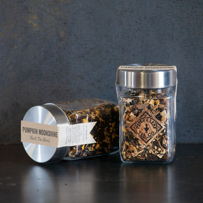 Piper and Leaf Pumpkin Moonshine Glass Jar of Loose Leaf Tea - 30 Servings, showcasing a glass jar filled with tea.
