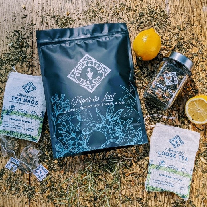 Piper and Leaf Springdrop Spritzer Bulk Sachets - 70ct Tea Bags in a sealed bag, featuring green tea with cardamom and citrus.