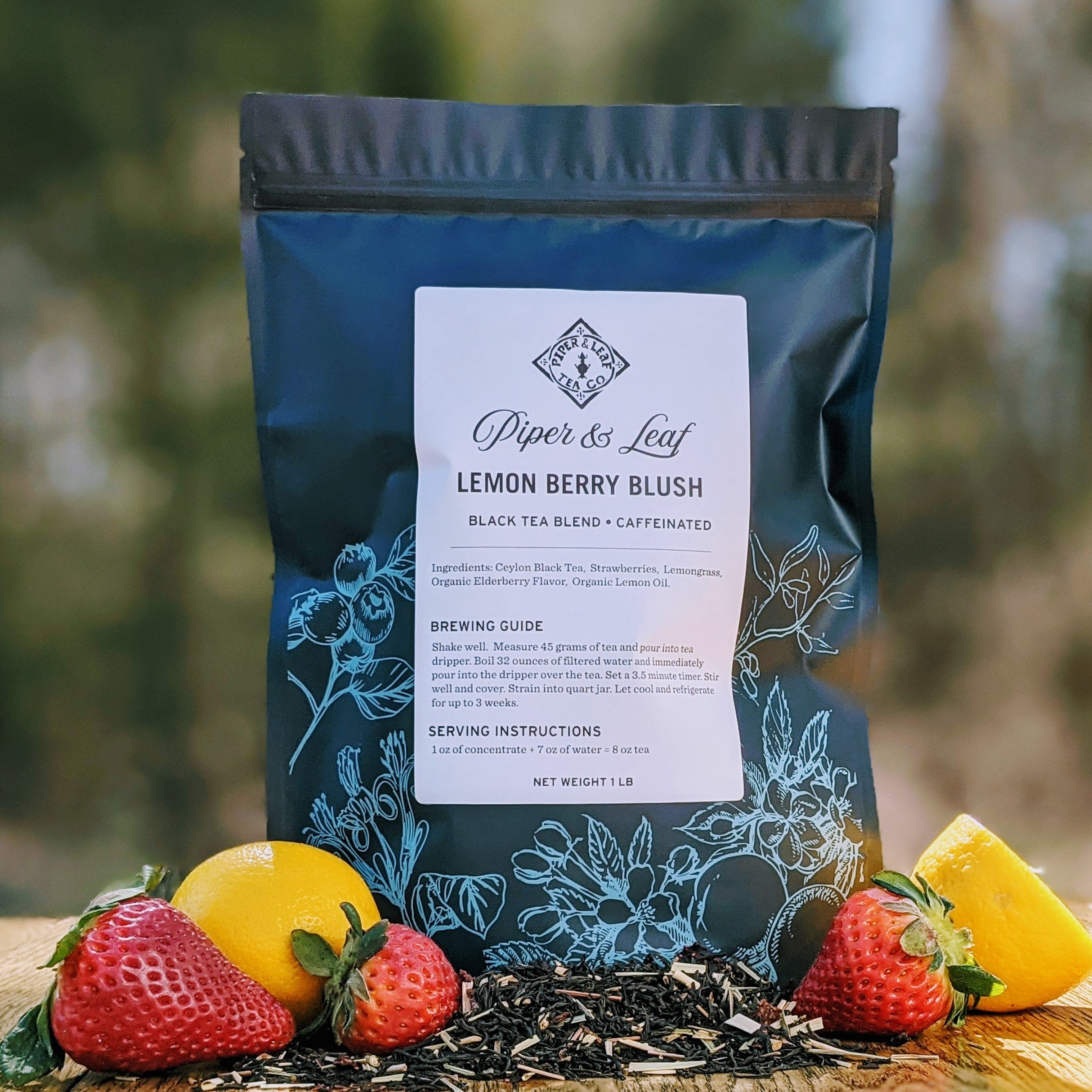 Piper and Leaf Lemon Berry Blush Pound Bag - 190 servings, showcasing a 1-pound bag of loose leaf tea with strawberries and lemongrass.