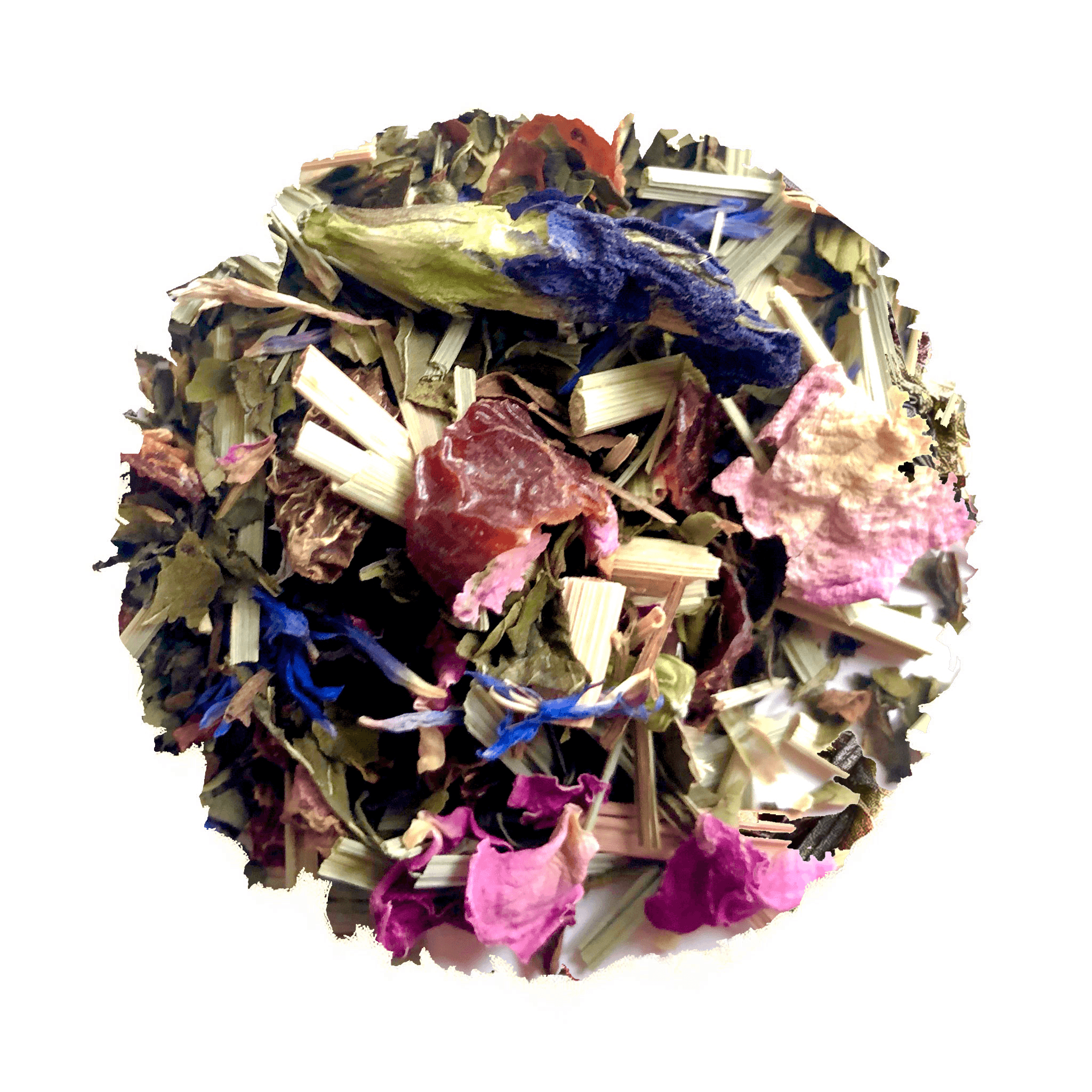 Beach House Pacific Blue herbal tea blend featuring a striking blue color from Butterfly Pea Flower, with peppermint and lemongrass notes.