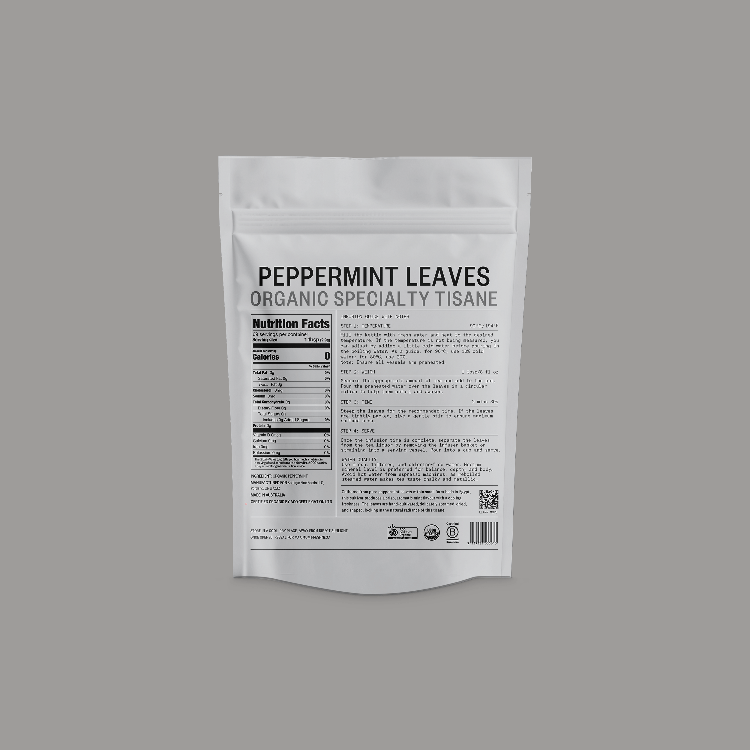 Peppermint Loose Leaf by Somage USA, featuring dried peppermint leaves in a clear display