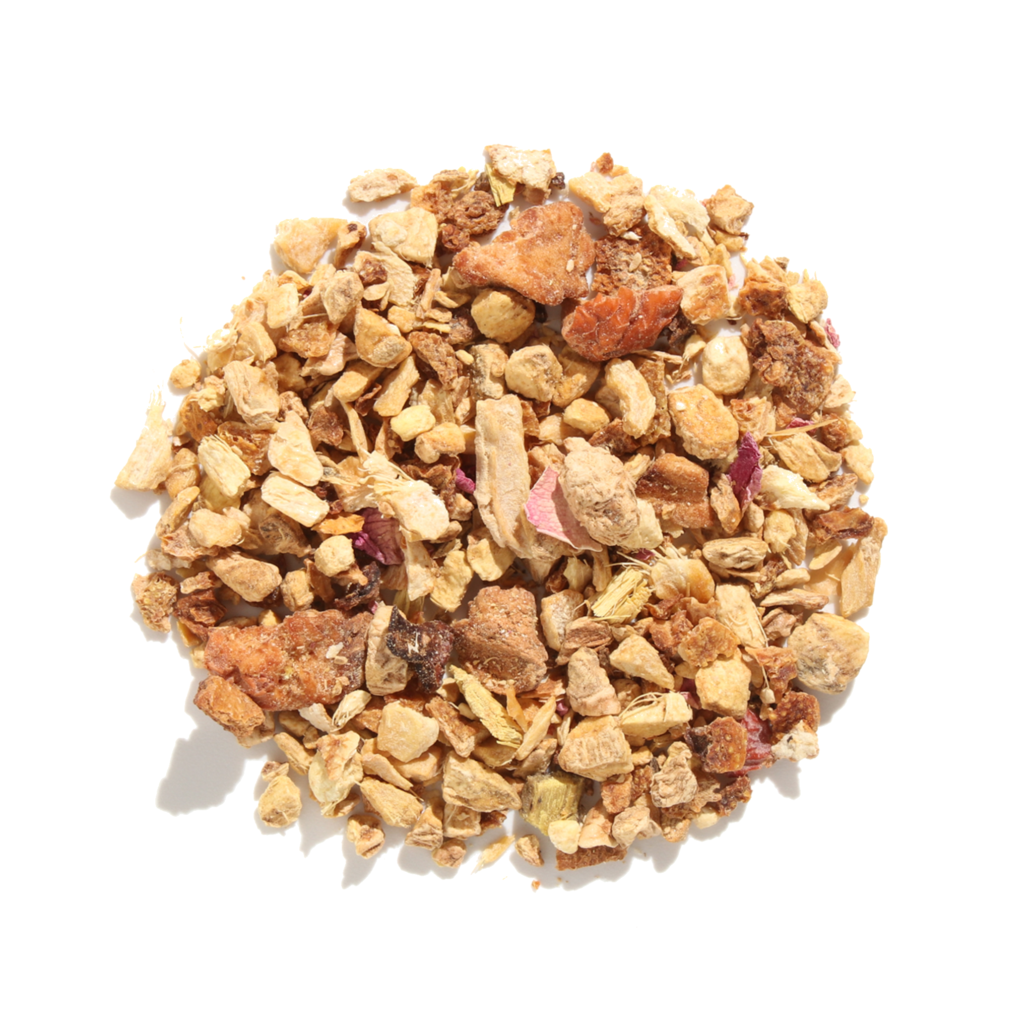 Plum Deluxe Rejuvenation Blend Herbal Tea (Ginger - Lemon) in a circle packaging, featuring ginger root and lemon peel.