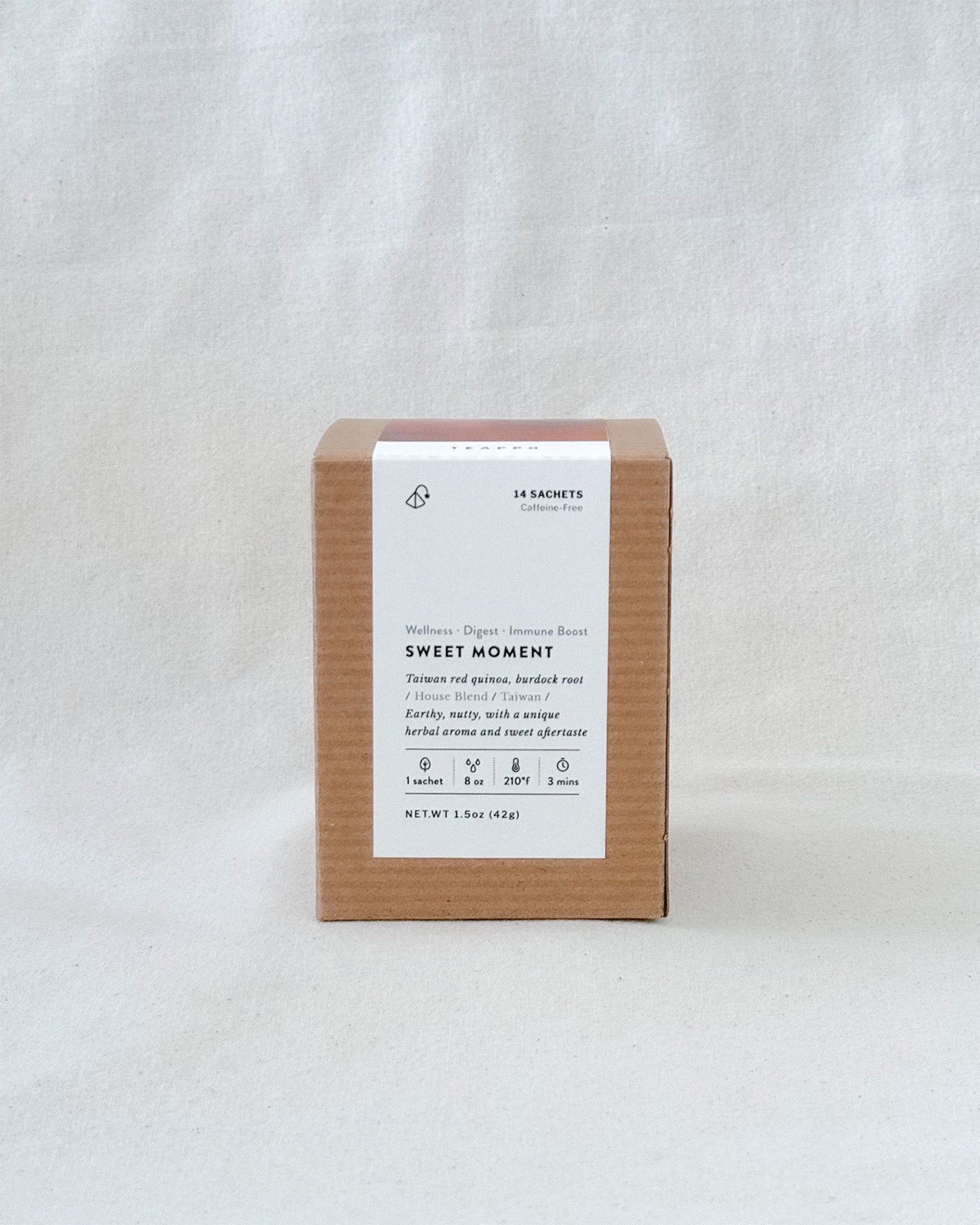 Teappo Sweet Moment tea sachets package featuring 14 biodegradable sachets of caffeine-free herbal tea with earthy and nutty flavors.