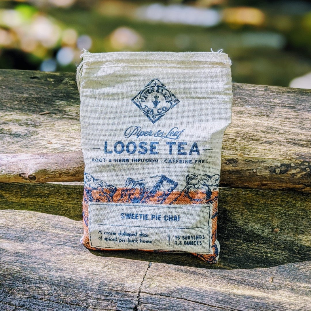 Piper and Leaf Sweetie Pie Chai Muslin Bag of Loose Leaf Tea - 15 Servings in a clear bag with a label.