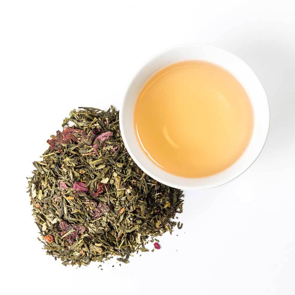 Piper and Leaf Sassyfras Strawberry Glass Jar of Loose Leaf Tea, shown in a clear jar with colorful tea leaves.