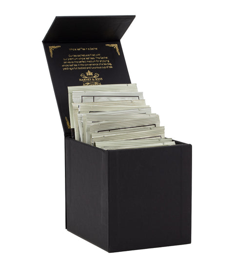 Harney & Sons Harney Heritage – Wrapped Sachet Sampler Black Box displaying 20 individually wrapped tea sachets in a black box.