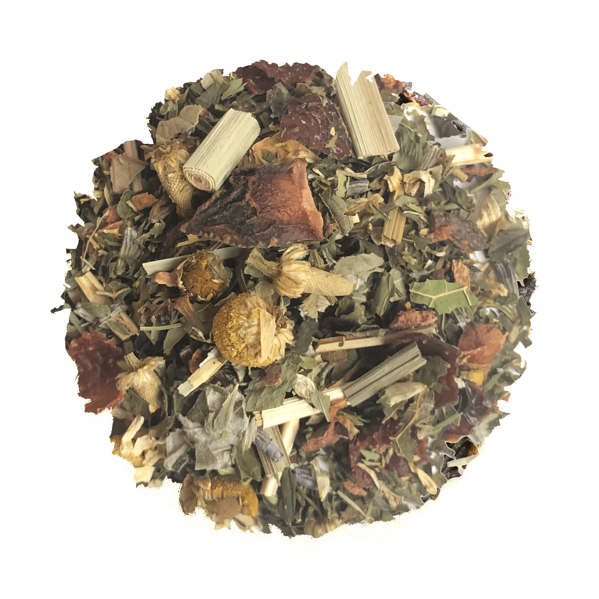 Beach House Solstice Sunset tea displayed in a loose-leaf infuser, featuring organic ingredients like chamomile and rose hips.
