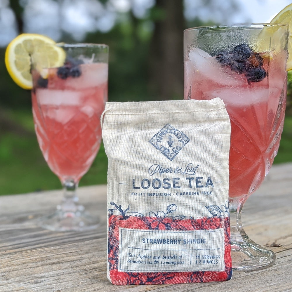 Piper and Leaf Strawberry Shindig Muslin Bag of Loose Leaf Tea - 15 Servings in a clear bag with vibrant tea blends.