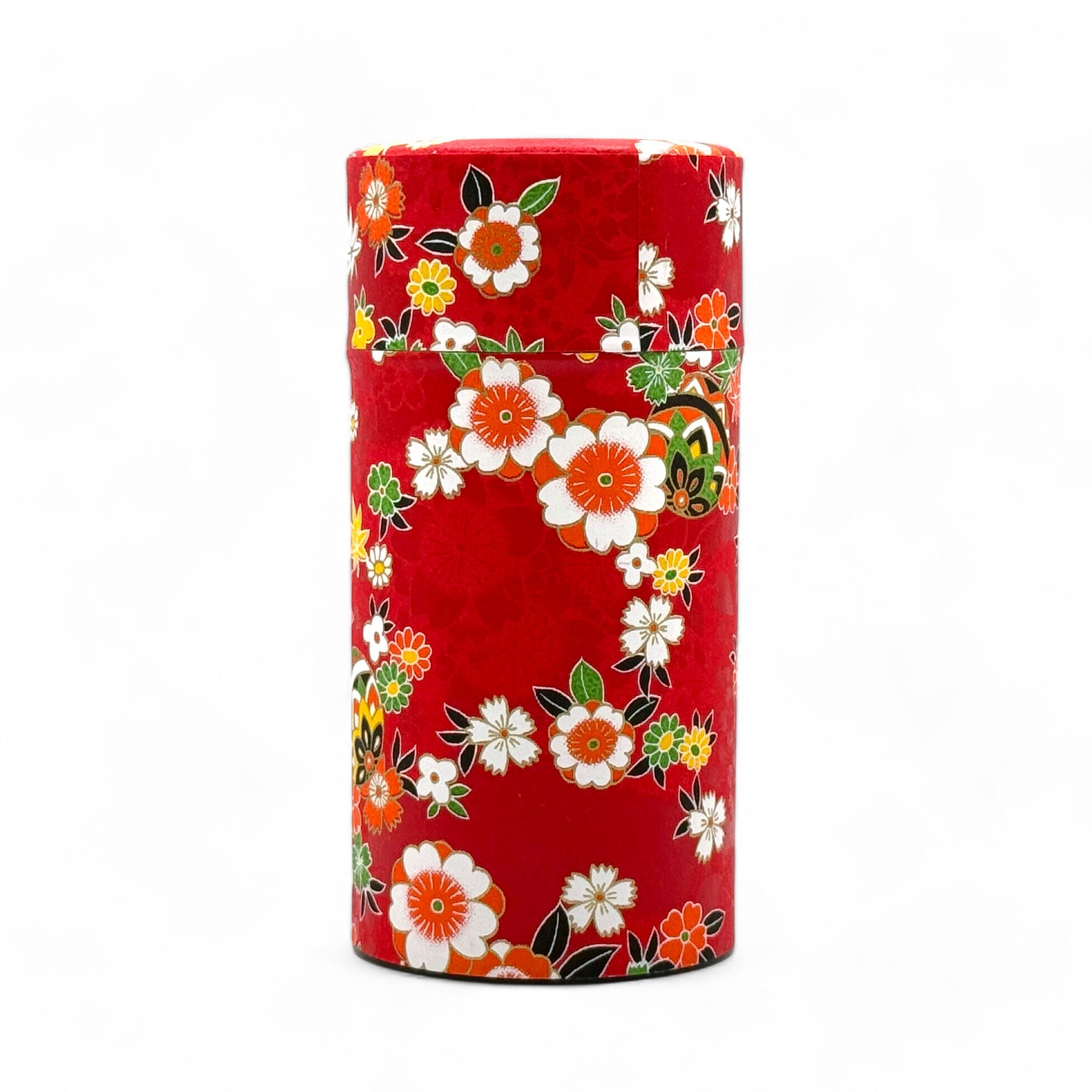 Inoue Tea Matsuri Red Washi Paper Wrapped Tea Canister (L) - Japanese Chazutsu, metal tea tin wrapped in washi paper.