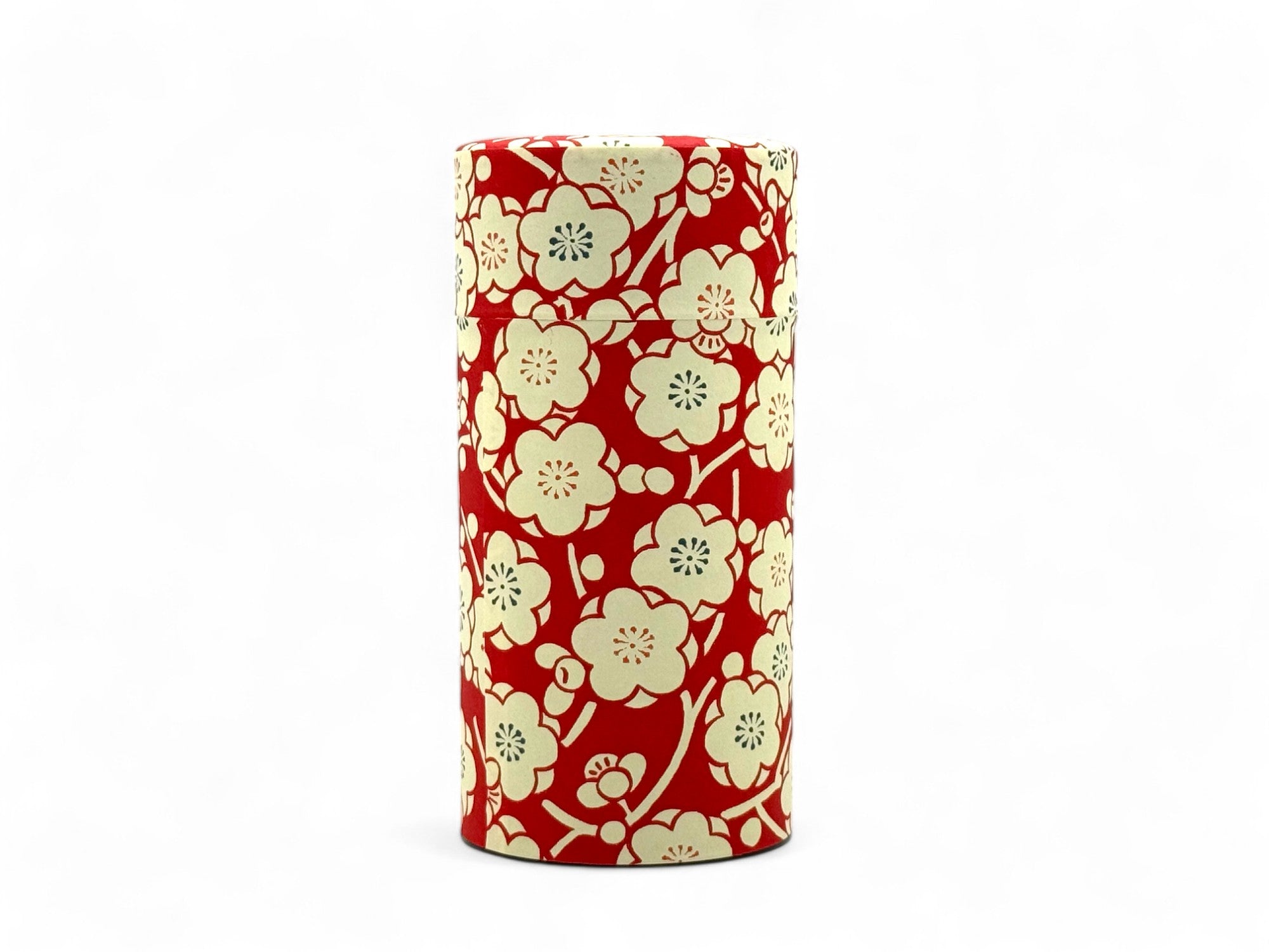 Inoue Tea Sakura Red Washi Paper Wrapped Tea Canister - Japanese Chazutsu, features a decorative red washi paper design.