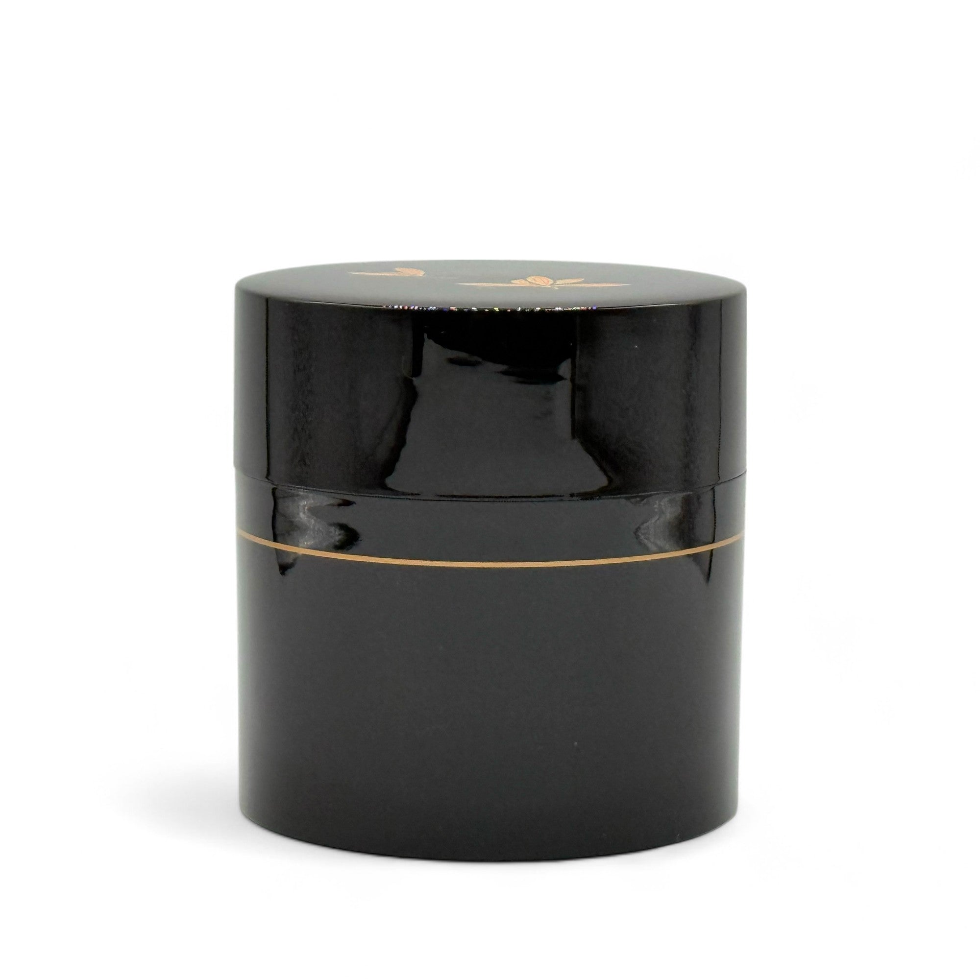 Inoue Tea Tame Golden Leaf Brown Resin Lacquered Tea Canister - Japanese Chazutsu, featuring airtight storage and golden leaf design.