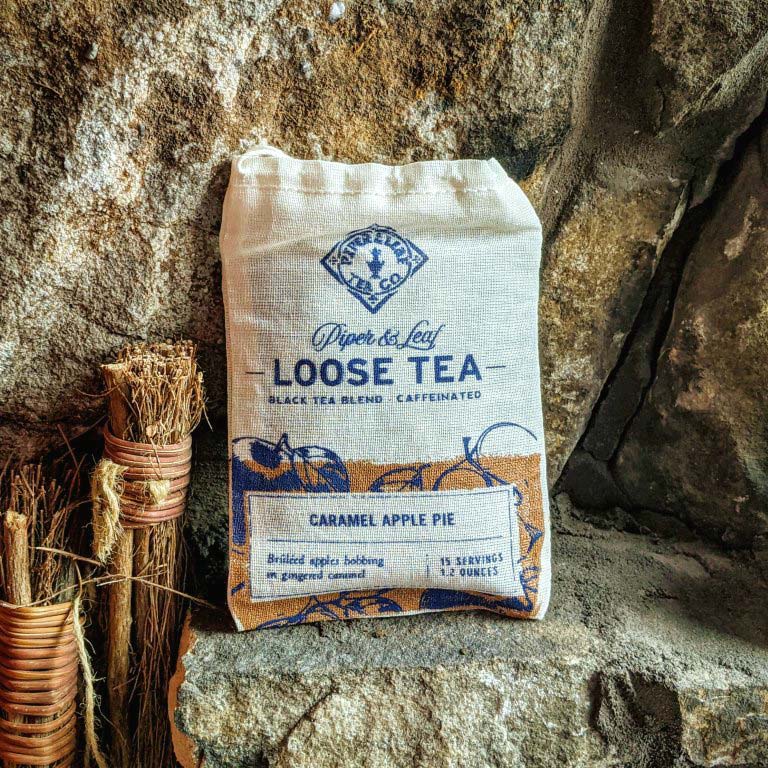 Piper and Leaf Caramel Apple Pie Muslin Bag of Loose Leaf Tea - 15 Servings in hand-printed muslin bag.