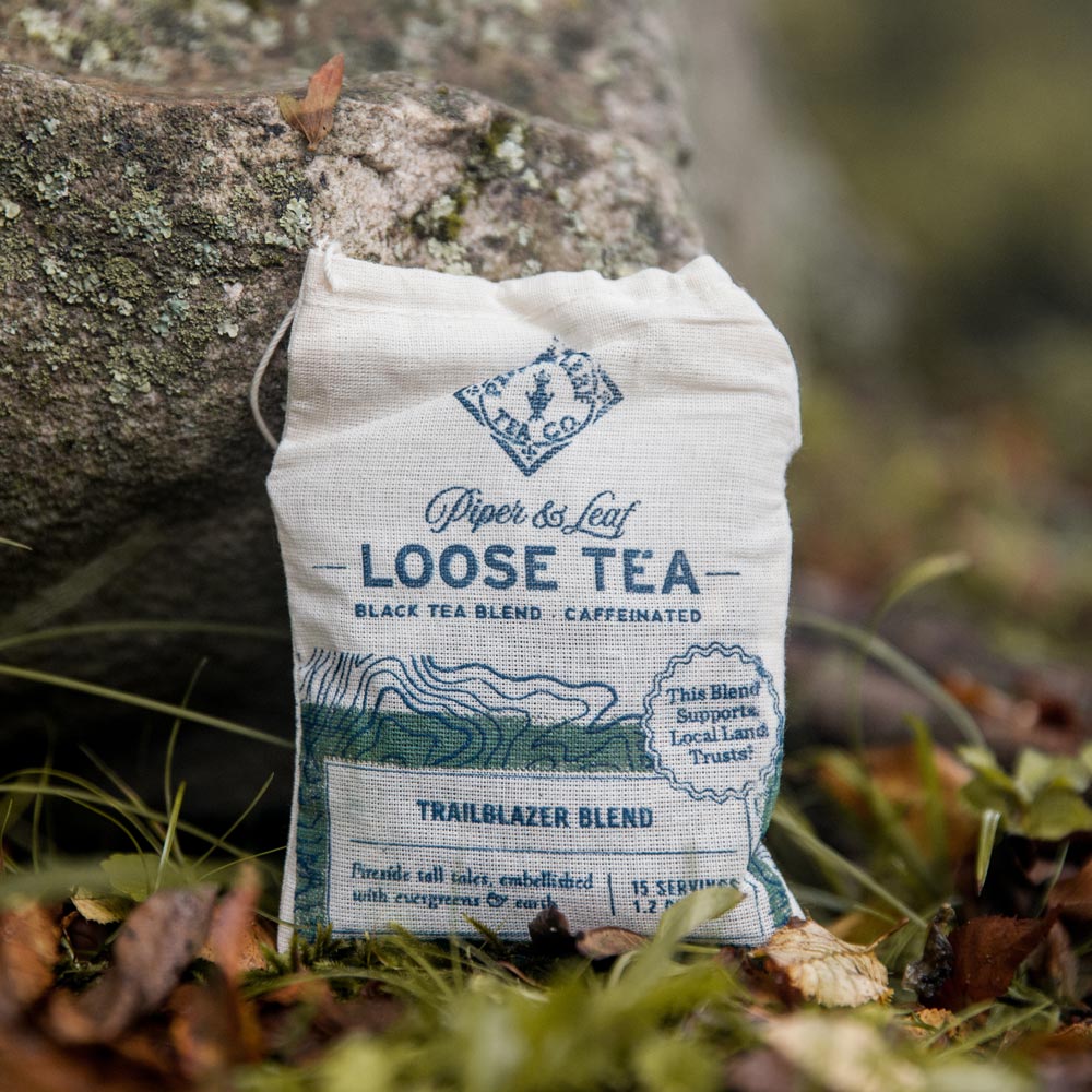 Piper and Leaf Trailblazer Blend Muslin Bag of Loose Leaf Tea - 15 Servings in hand-printed muslin, containing 35 grams of tea.