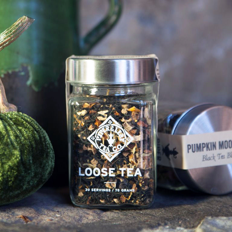 Piper and Leaf Pumpkin Moonshine Glass Jar of Loose Leaf Tea - 30 Servings, filled with 70 grams of pumpkin spice tea ingredients.