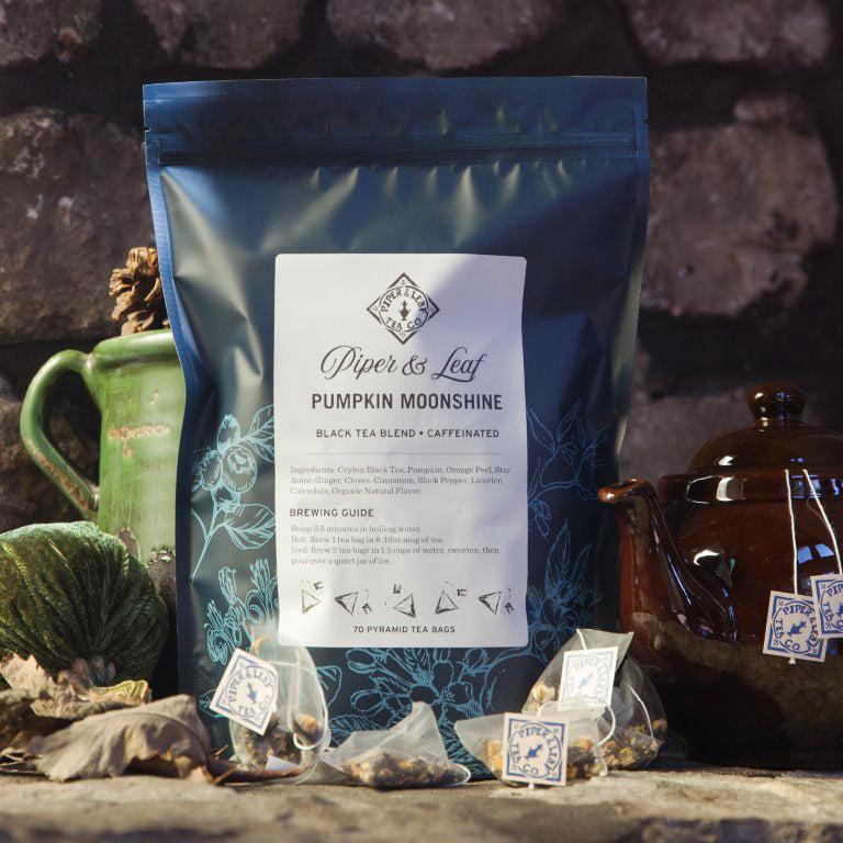 Piper and Leaf Pumpkin Moonshine Bulk Sachets - 70ct Tea Bags, showing a bag of tea sachets with autumn-inspired flavors and ingredients.