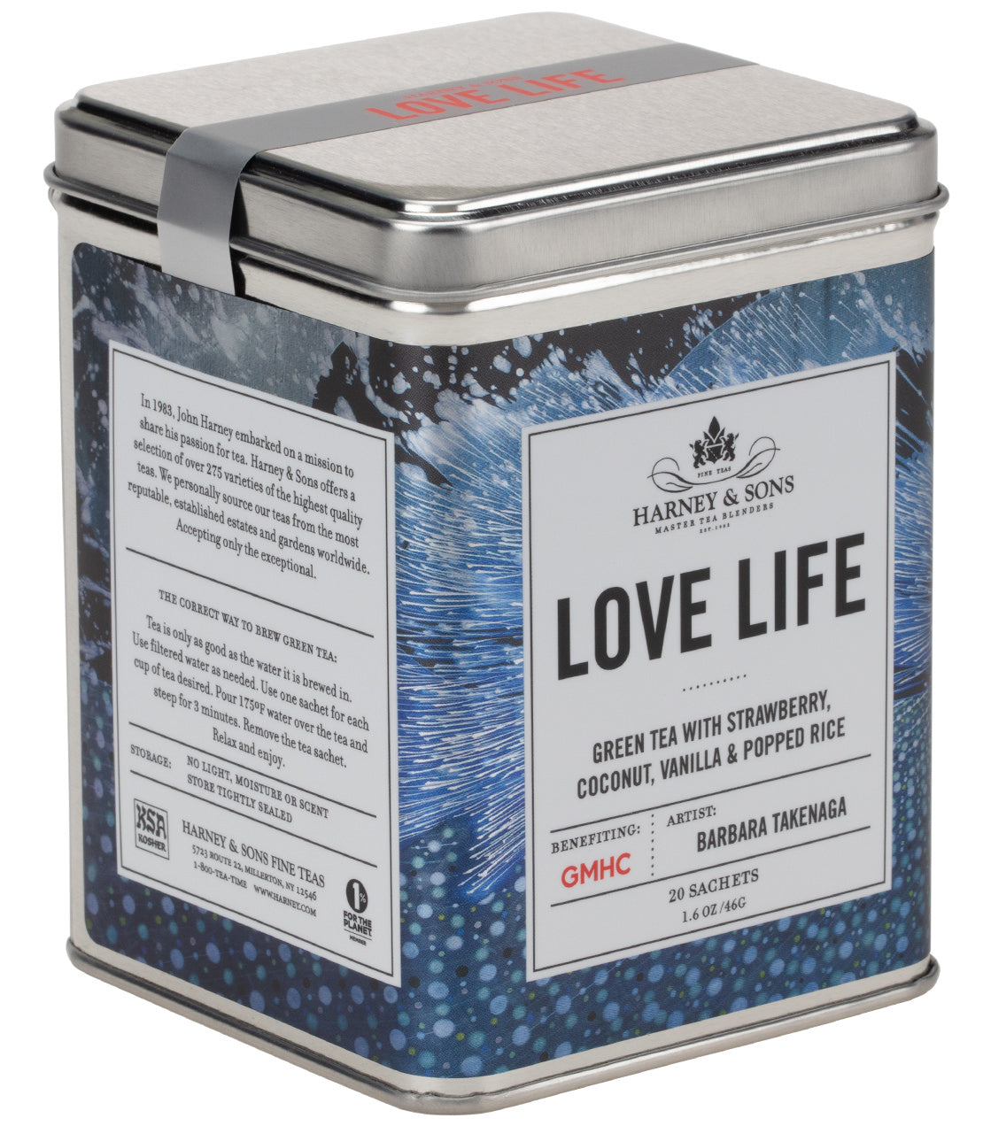 Harney & Sons Love Life, Tin of 20 Sachets, features a colorful tin containing tea sachets with a blend of green tea and fruit flavors.