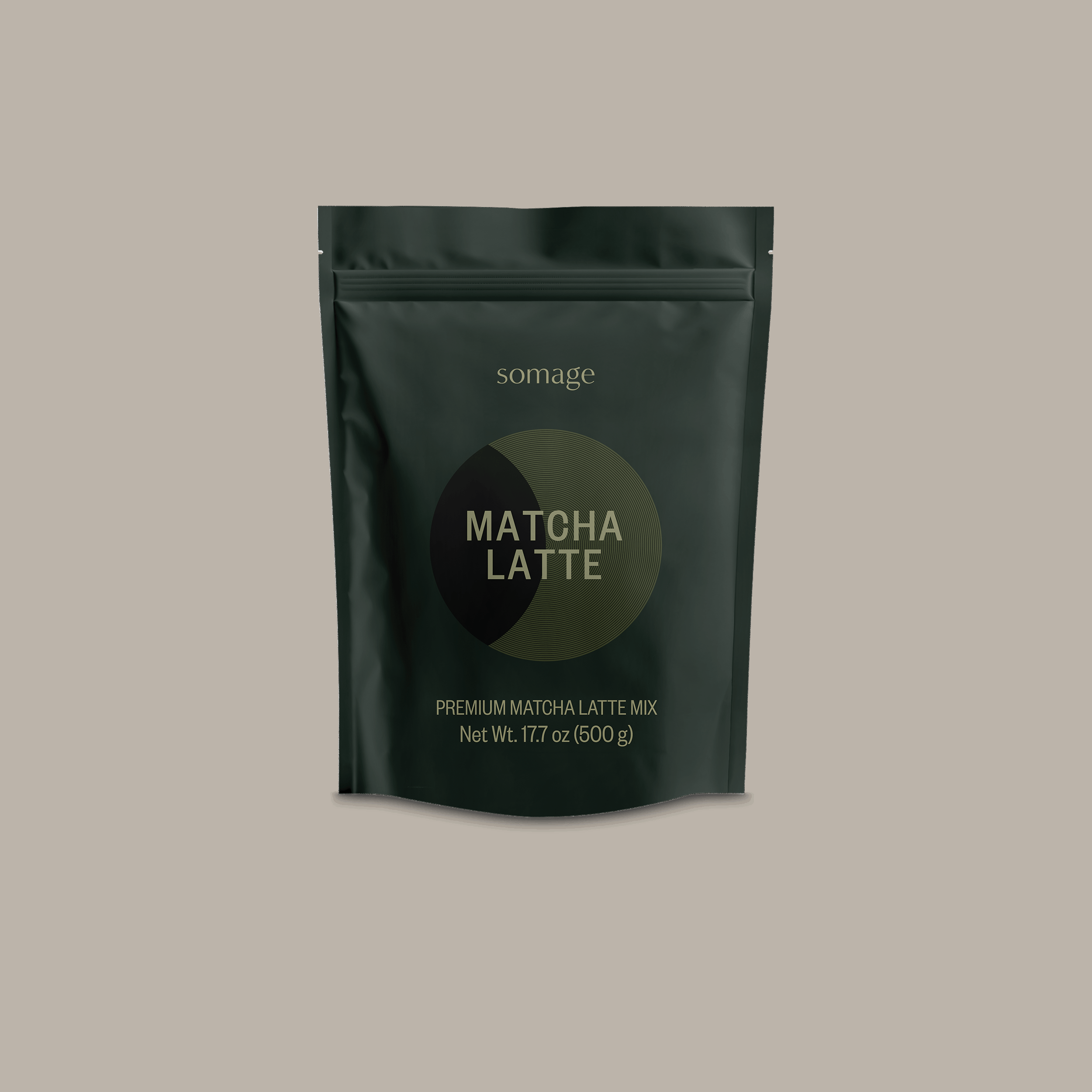 Premium Matcha Green Tea Latte by Somage USA in packaging, showcasing bright emerald color and organic ingredients.