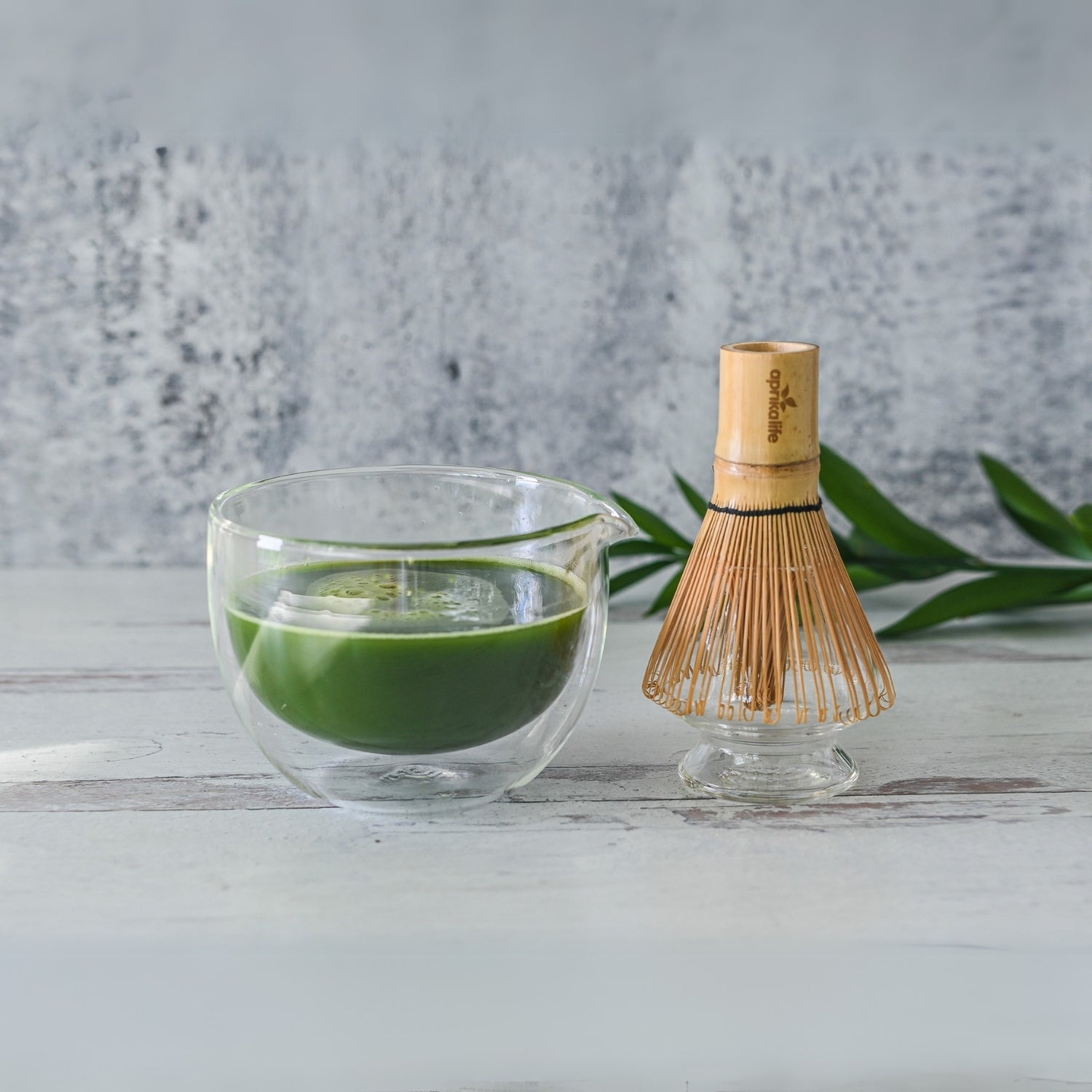 Aprika Life Double Sided (Double Wall) Glass Matcha Bowl with Spout, Bamboo Matcha Whisk and Whisk Holder Set