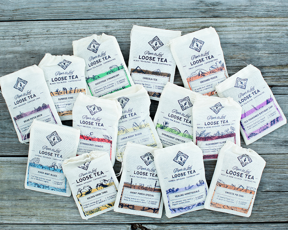 Piper and Leaf Variety Pack of Loose Leaf - 15 Blends, 15 Servings Each; 15 distinct tea blends in a hand-printed muslin bag.