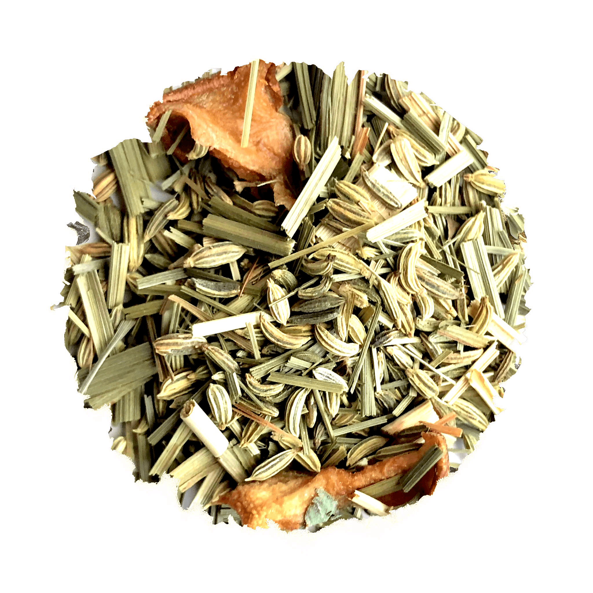 Beach House Whidbey Island Breeze herbal tea blend with organic lemongrass, fennel seed, and Bartlett pears in a cup.