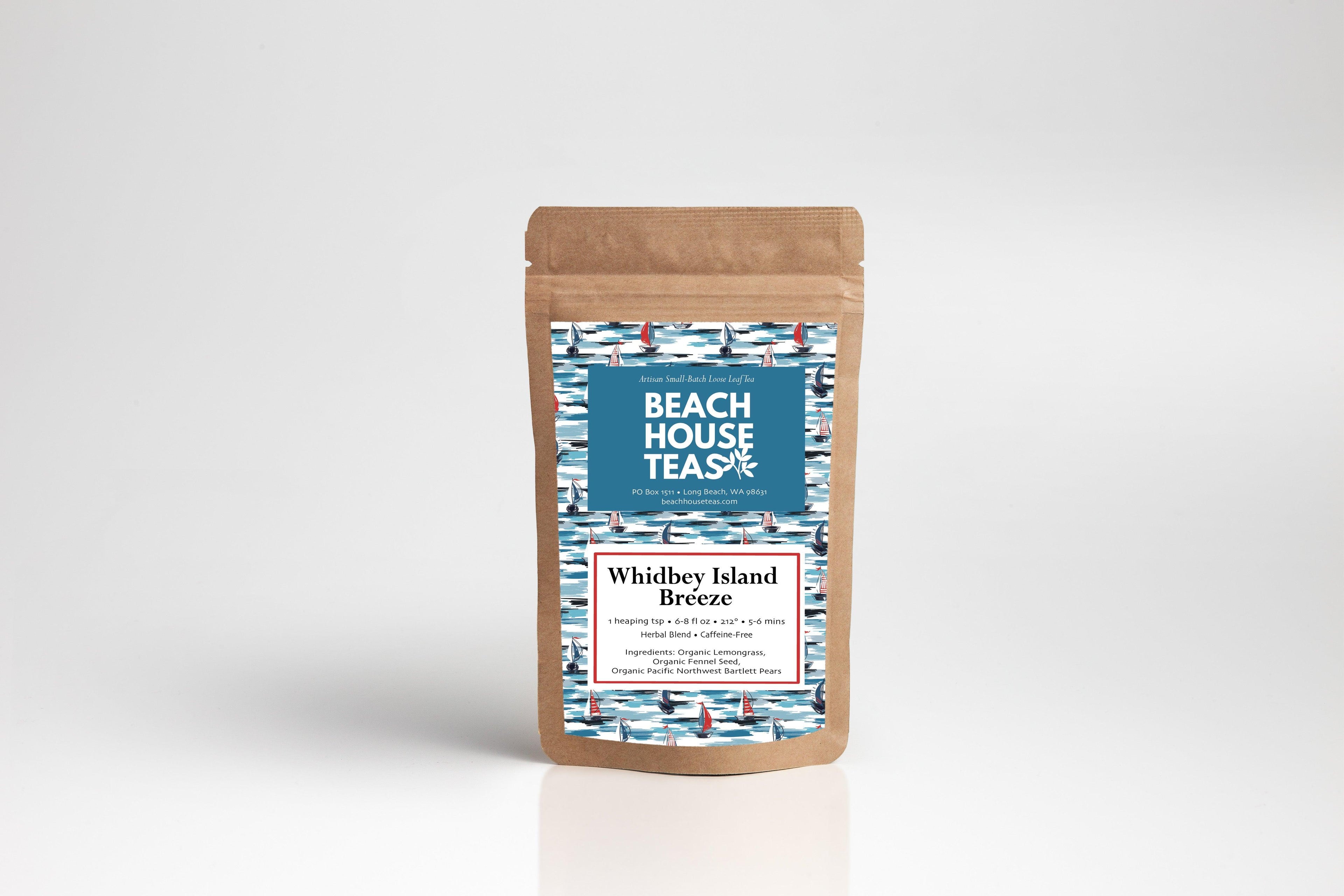 Beach House Whidbey Island Breeze label on a pouch, featuring a coastal design and brand logo, ideal for beach enthusiasts.