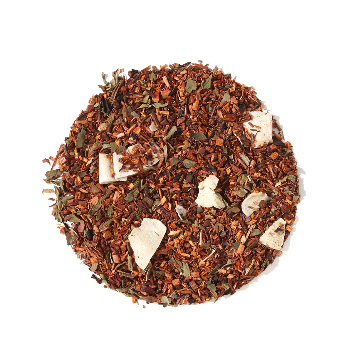 Plum Deluxe White Chocolate Peppermint Herbal Tea in a circular packaging, showcasing ingredients like rooibos and peppermint.