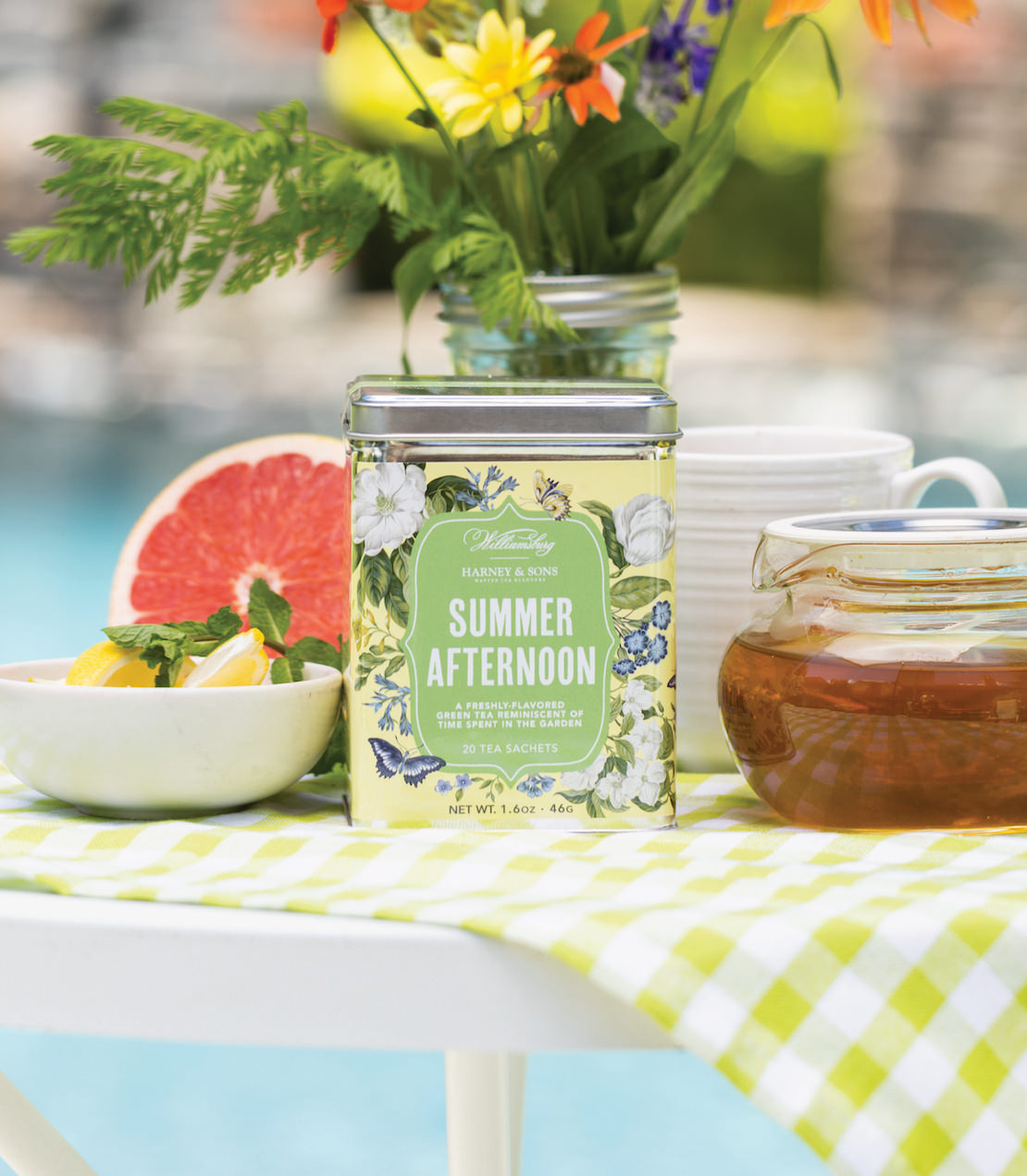 Harney & Sons Williamsburg Summer Afternoon Tea, Tin of 20 Sachets, displayed in a mood setting
