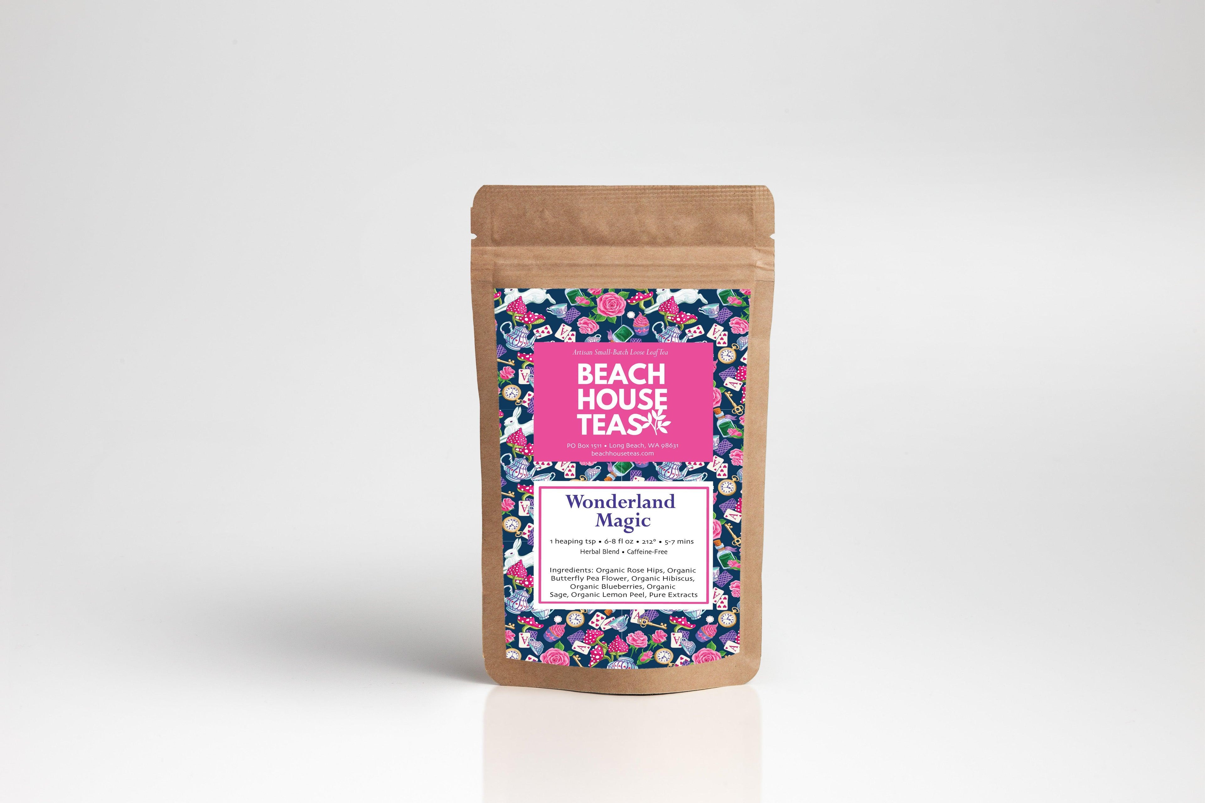 Beach House Wonderland Magic label on a pouch, featuring a whimsical design, suitable for beach-themed products.