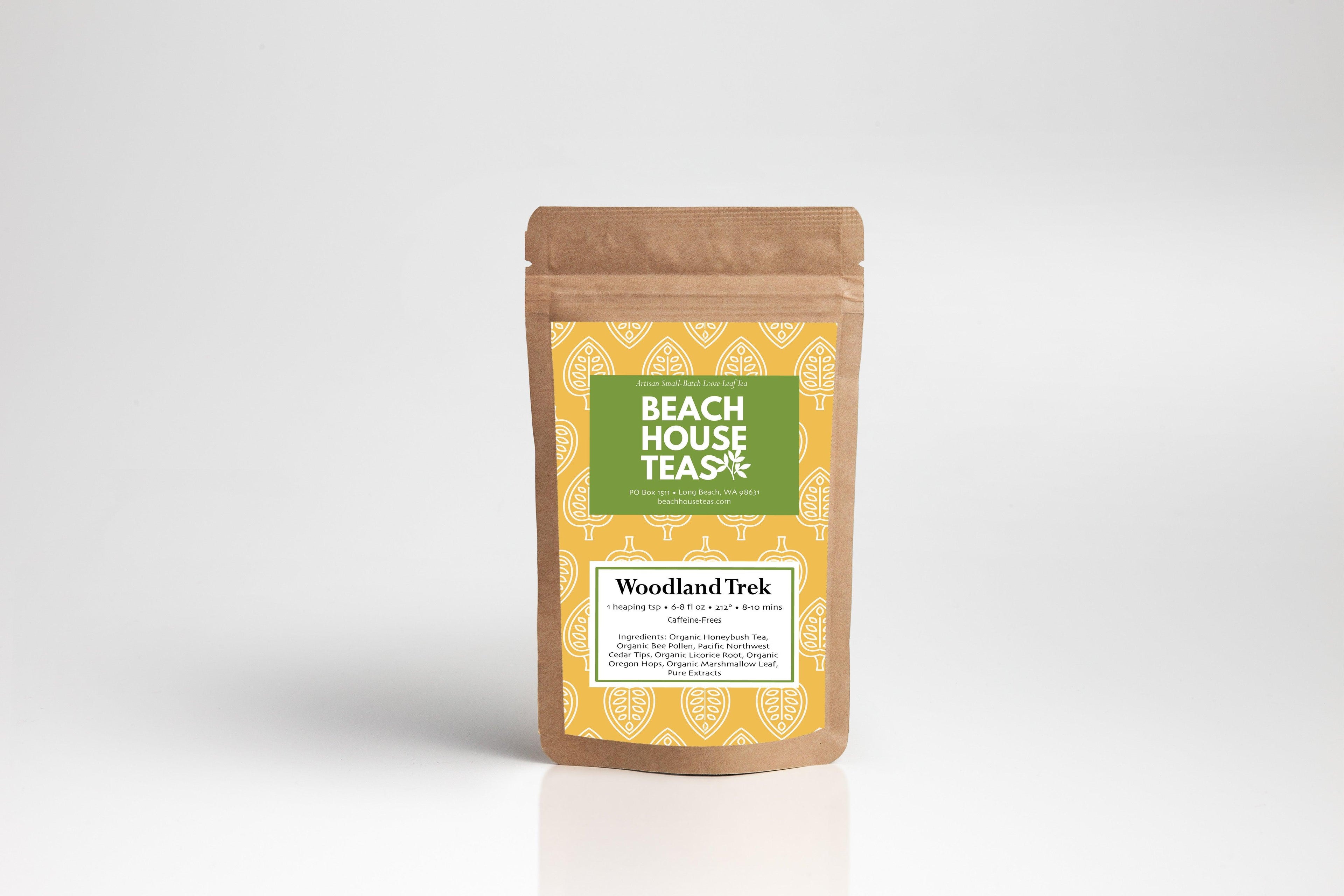 Beach House Woodland Trek pouch with label, showcasing the product's packaging design and branding