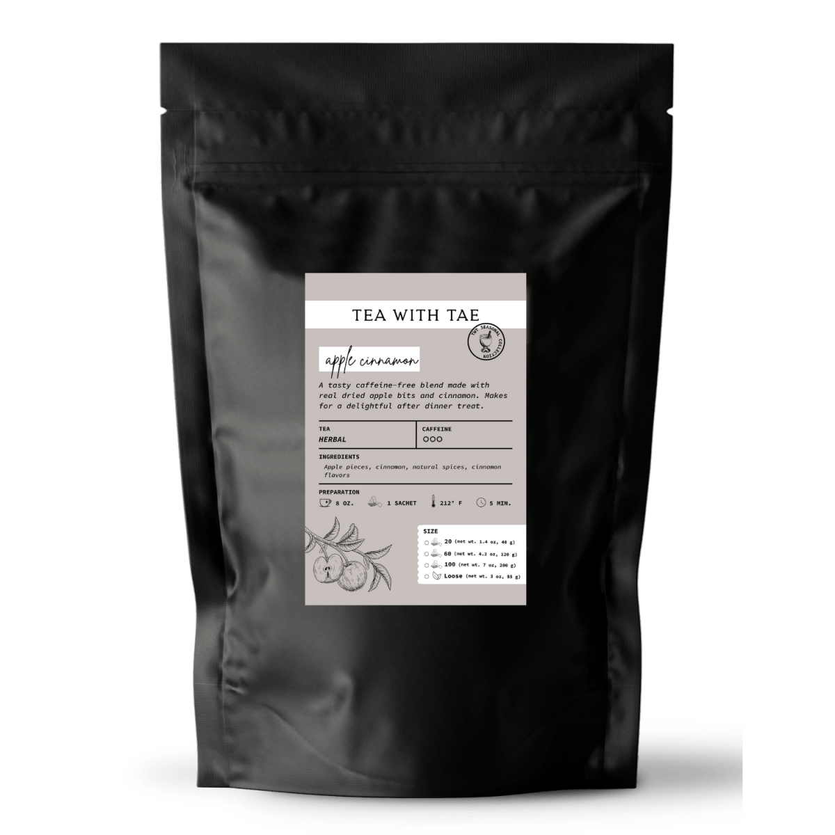 Tea with Tae Apple Cinnamon Pouch featuring a vibrant design on a pouch, showcasing the product's flavor and contents.
