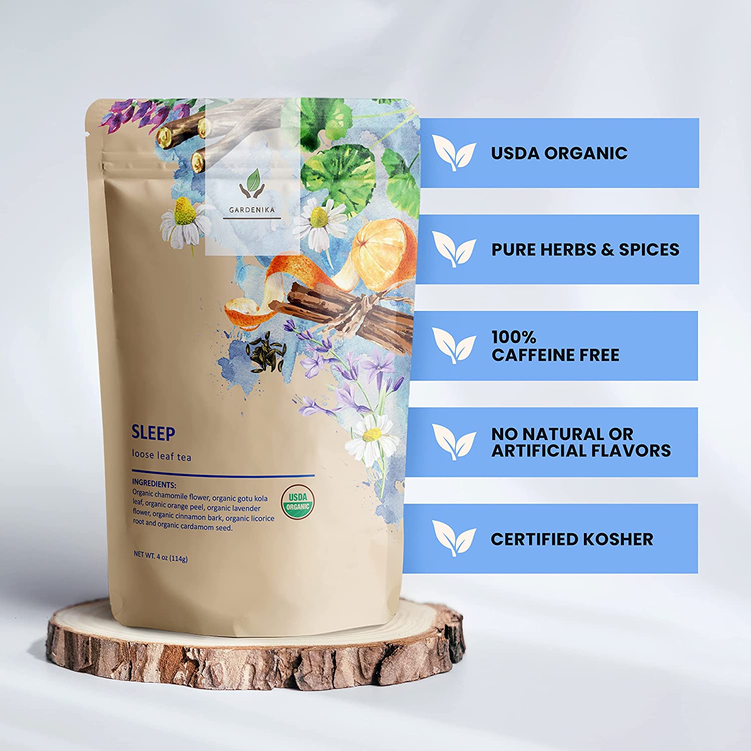 Gardenika Sleep Calm Loose Leaf Herbal Tea with Chamomile, USDA Organic, Kosher, Caffeine Free - 4 oz (114g) package.