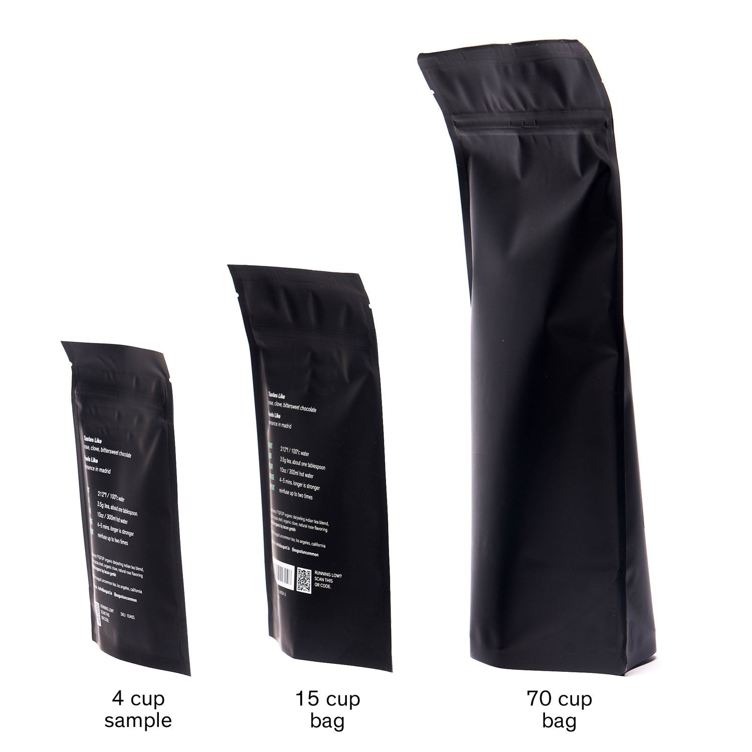 August Jet Black - Roasty Coffee Black Tea bag size comparison image showing different bag sizes for August brand tea.