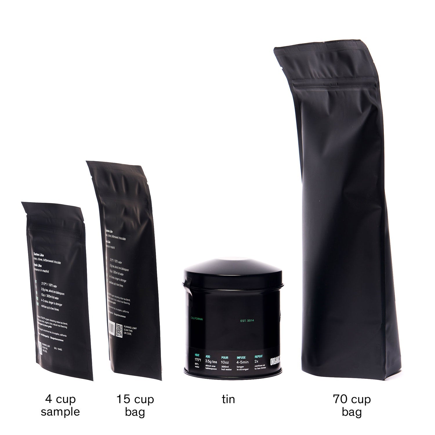 August Breathless - White Chocolate Plum Black Tea in bag and tin size comparison, August brand, displayed against a neutral background.