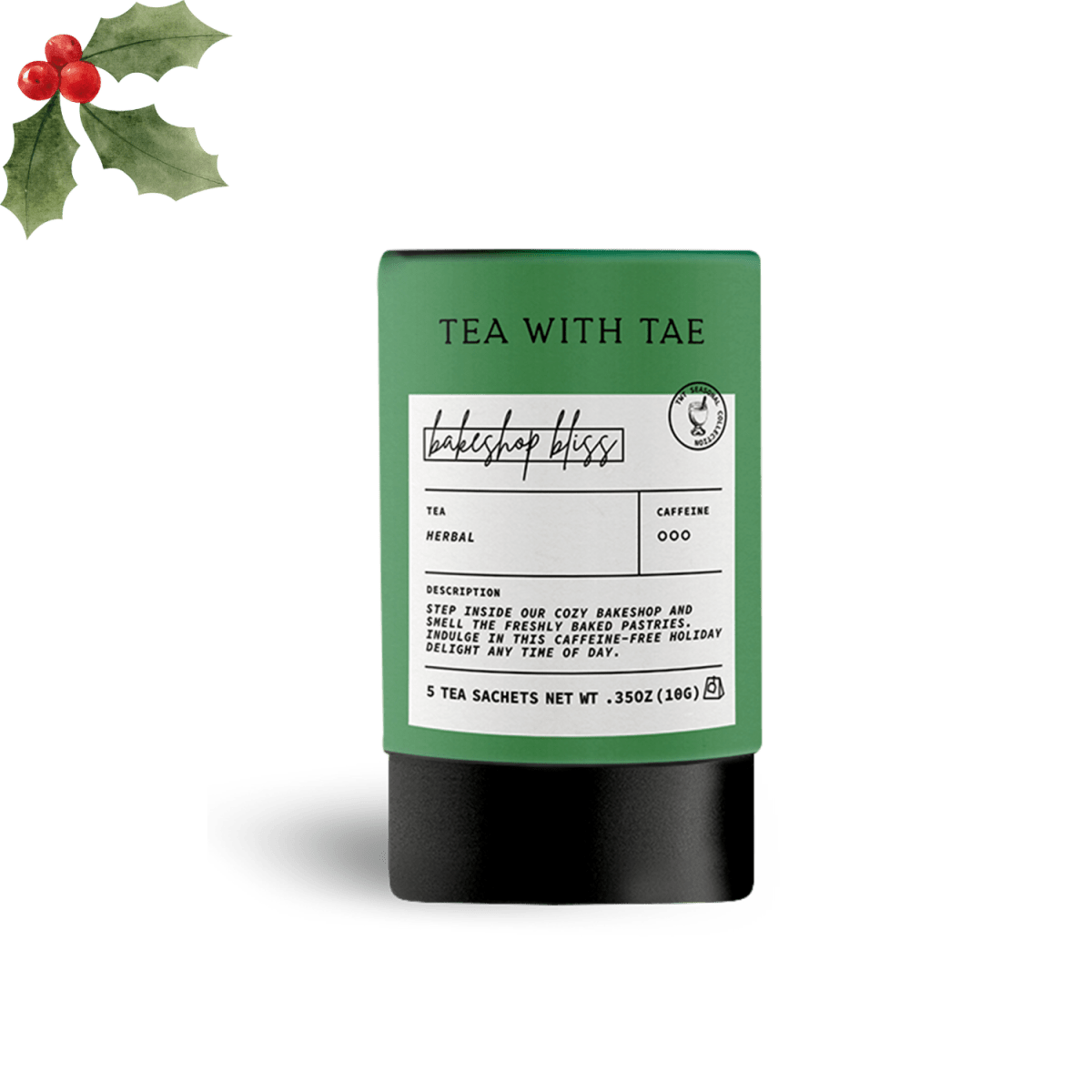 Tea with Tae Bakeshop Bliss Mini Tea Tube (5 tea bags) featuring eco-friendly sachets for a caffeine-free holiday tea blend.