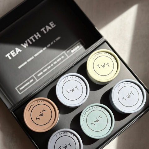 Tea with Tae Bestsellers: Tea Bento Box | 6-pack featuring six mini tea tubes and 30 tea sachets in a unique presentation.