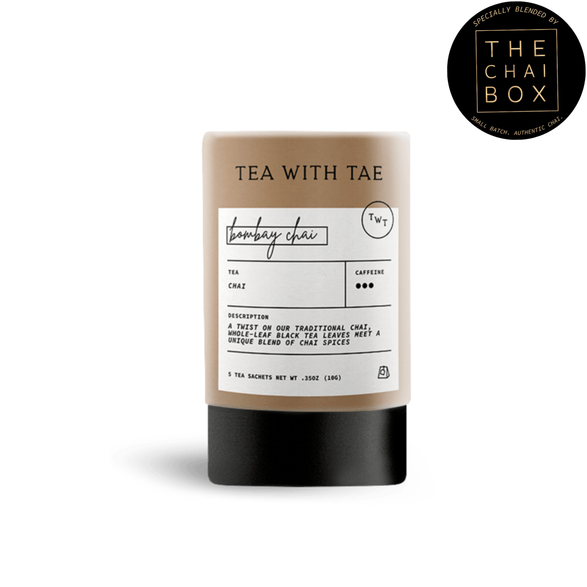 Tea with Tae Bombay Chai Mini Tea Tube (5 tea bags) featuring eco-friendly sachets in a compact design, suitable for travel.