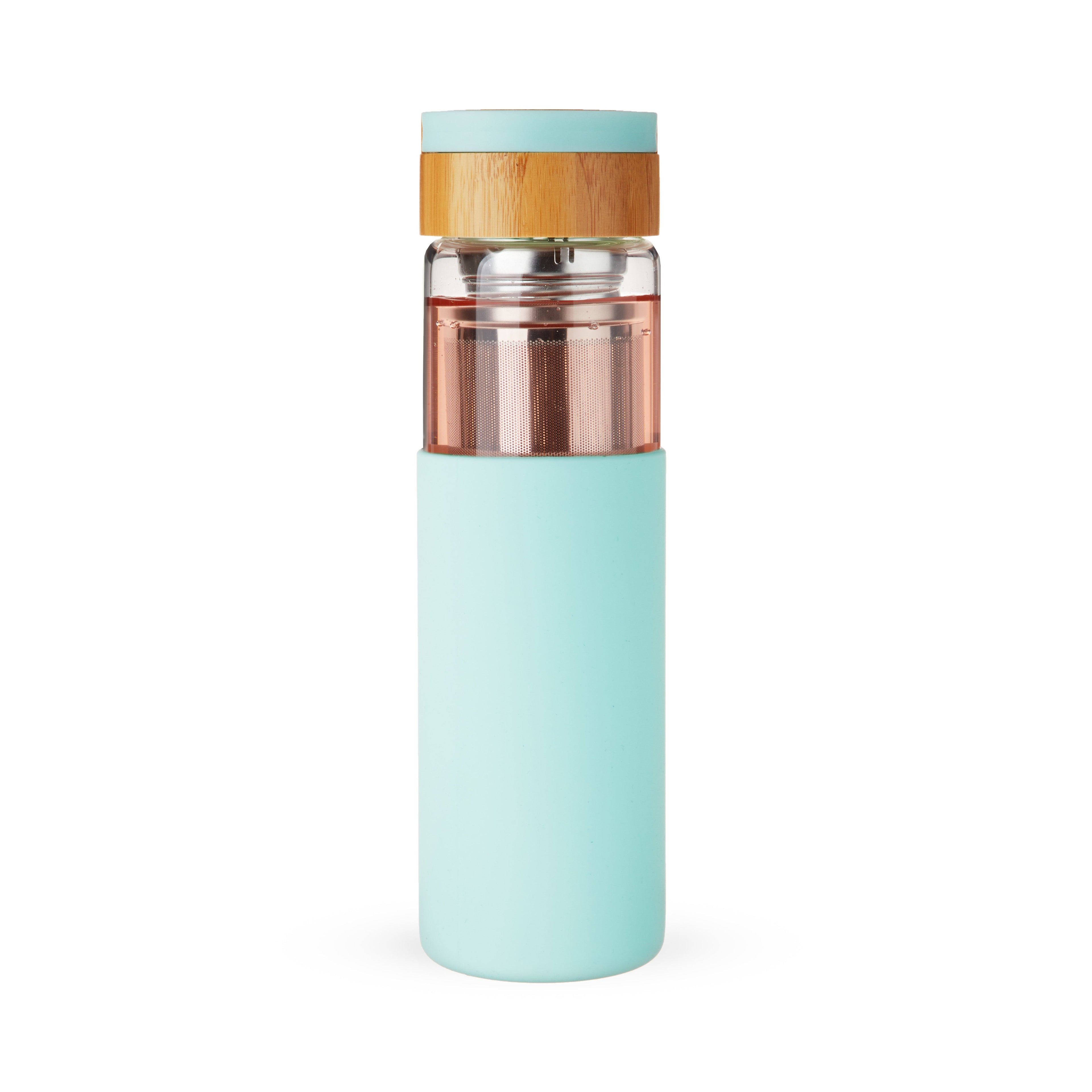 Pinky Up Dana Glass Travel Mug in Turquoise with a stainless steel strainer and bamboo lid, 16 oz capacity, hand wash care.