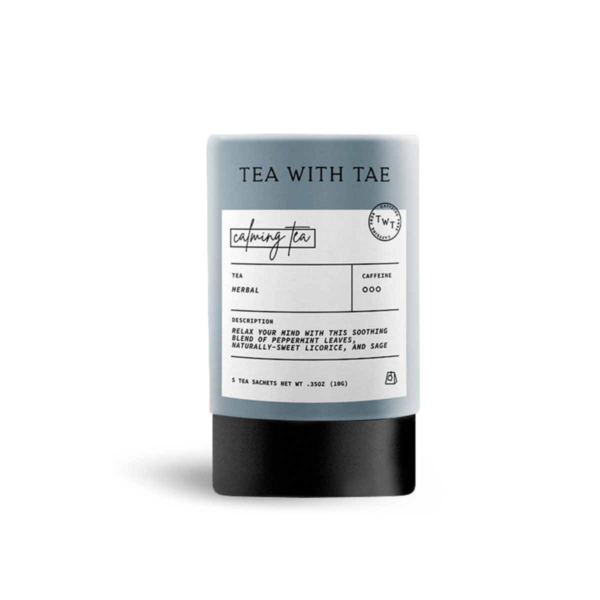 Tea with Tae Calming Tea Mini Tea Tube (5 tea bags) featuring eco-friendly sachets with peppermint, licorice, and sage blend.