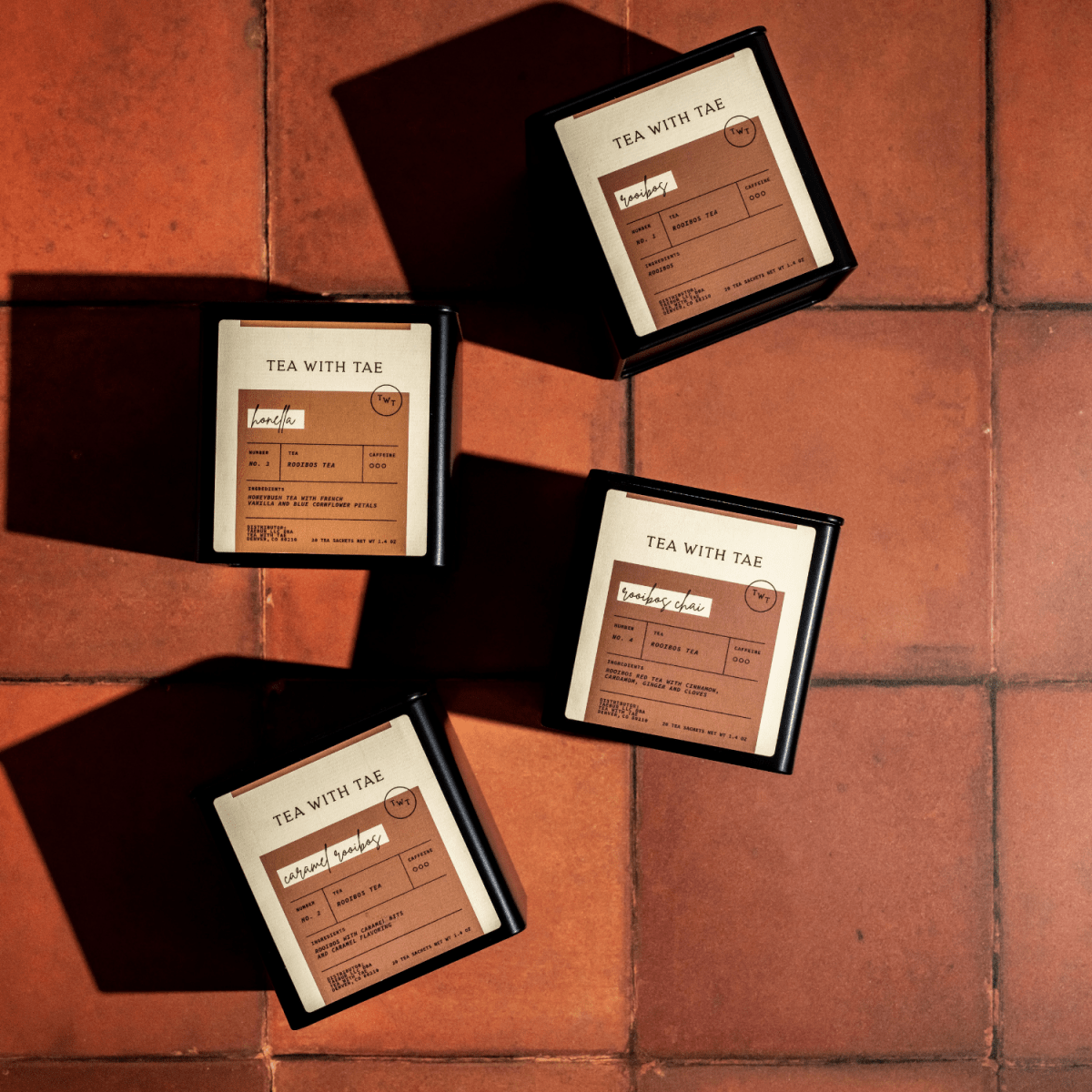 Tea with Tae Caramel Rooibos Tea Tin Gift (20 tea sachets) displayed in a sleek tin container featuring a caramel design.