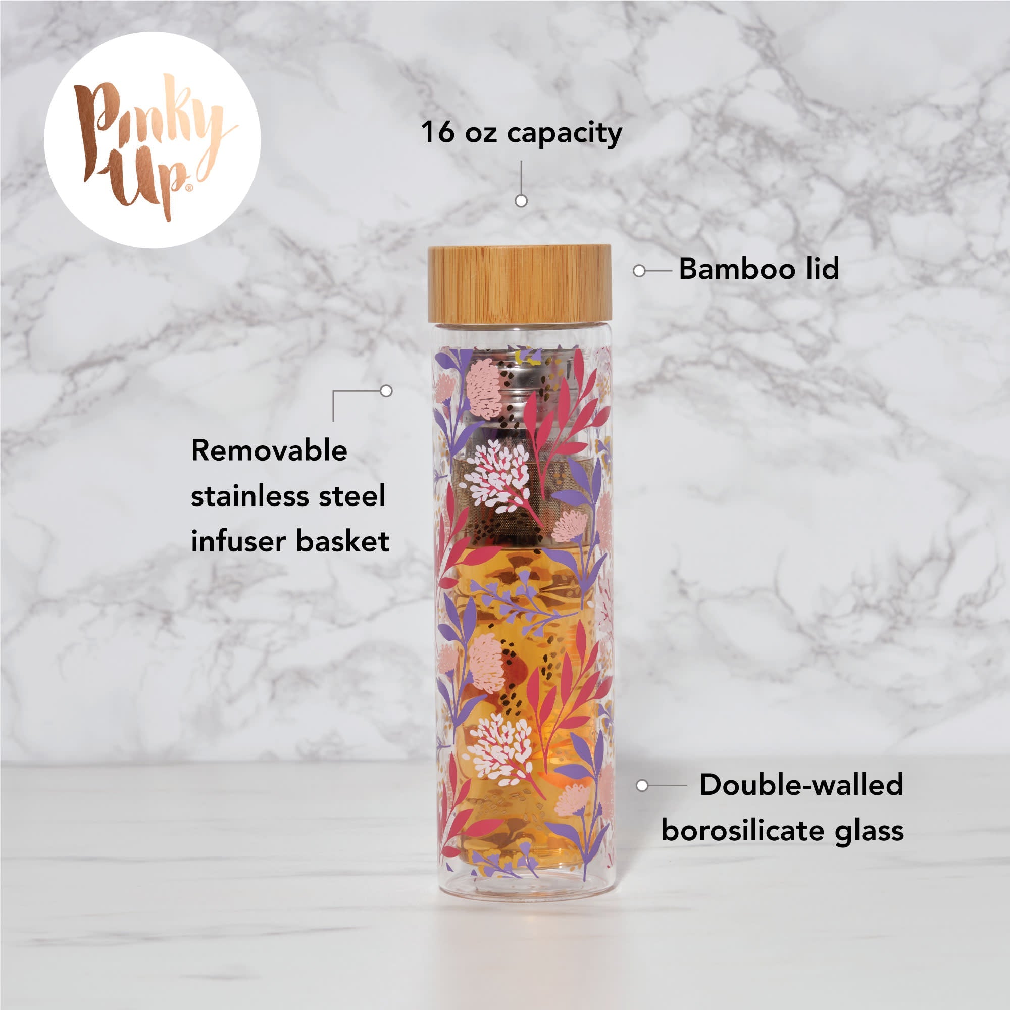 Pinky Up Blair: Botanical Bliss Glass Travel Infuser Mug with floral design and infuser for brewing tea on the go.