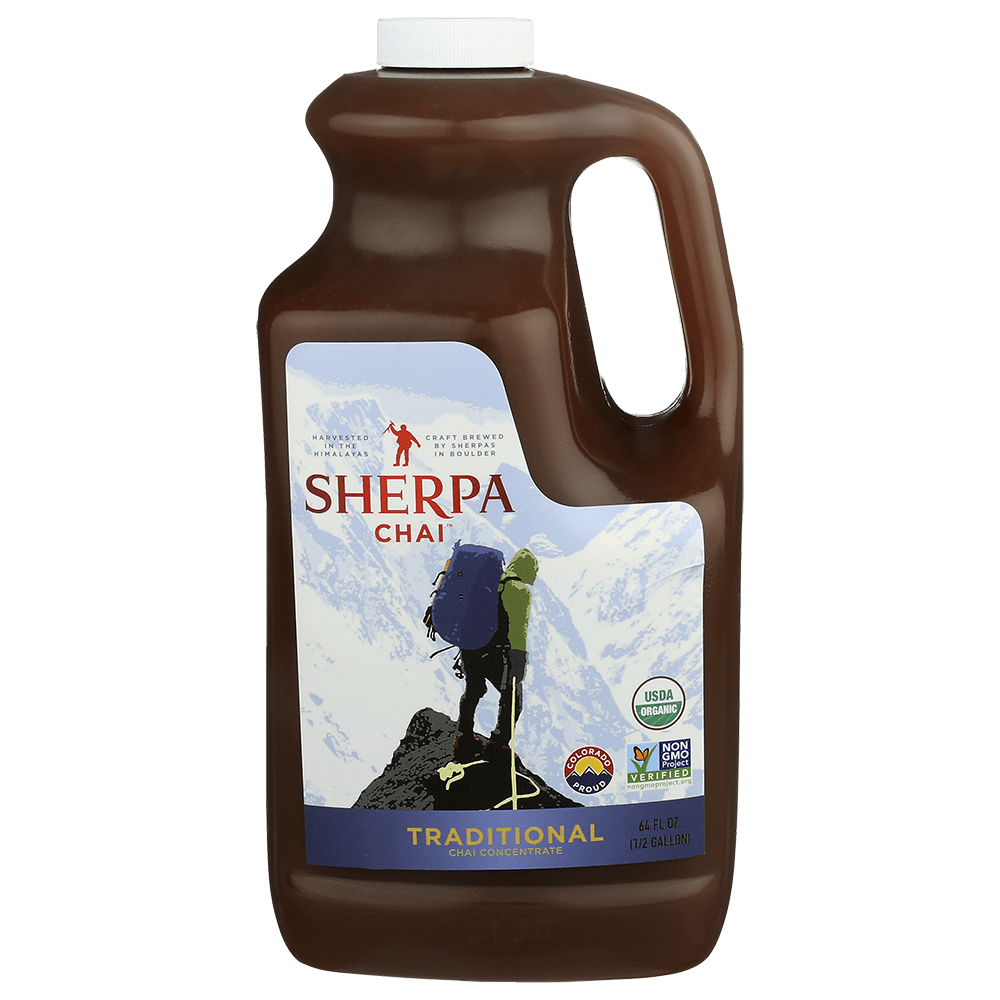 Chai Concentrate | Sherpa Chai by Nepal Tea in a bottle, showcasing the product for brewing chai beverages.