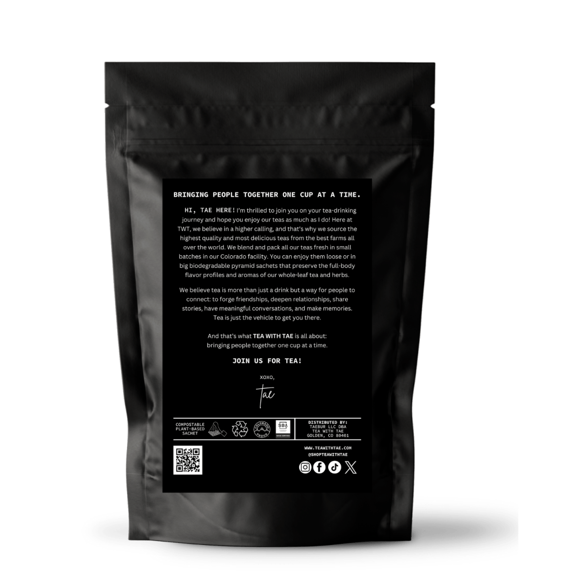 Tea with Tae Chocolate Tea Pouch by Tea with Tae, featuring a sealed pouch with a chocolate tea blend.